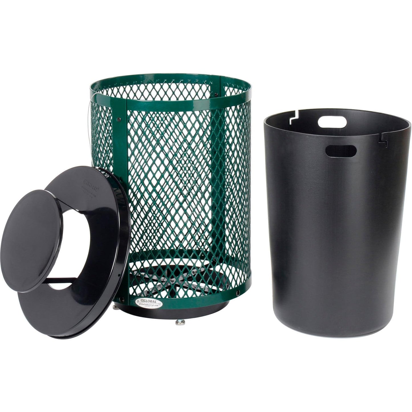 Global Industrial Outdoor Diamond Steel Trash Can with Rain Bonnet Lid, Raised Base and Plastic Liner, 36 Gallon Capacity, Green, Thermoplastic Coating, 23-1/2" Diameter, 43-1/2"H