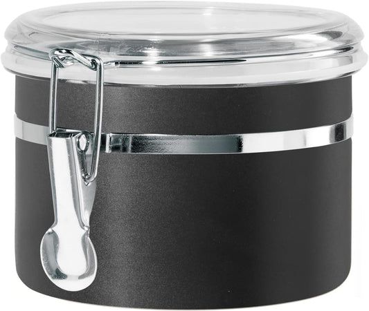 Oggi Stainless Steel Kitchen Canister 26 fl oz, Black - Airtight Clamp Lid, Clear See-Thru Top - Ideal for Kitchen Storage, Food Storage, Pantry Storage. Size 5" x 3.5".