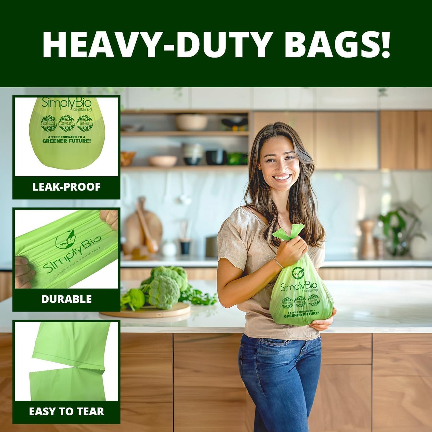 1.6 Gallon Compostable Trash Bags Handle, Heavy Duty Thick 0.6 Mil, 6.06 Liter, 50 Bags, Small Kitchen Food Scrap Waste Bag, ASTM D6400, US BPI and OK Compost Home Certified