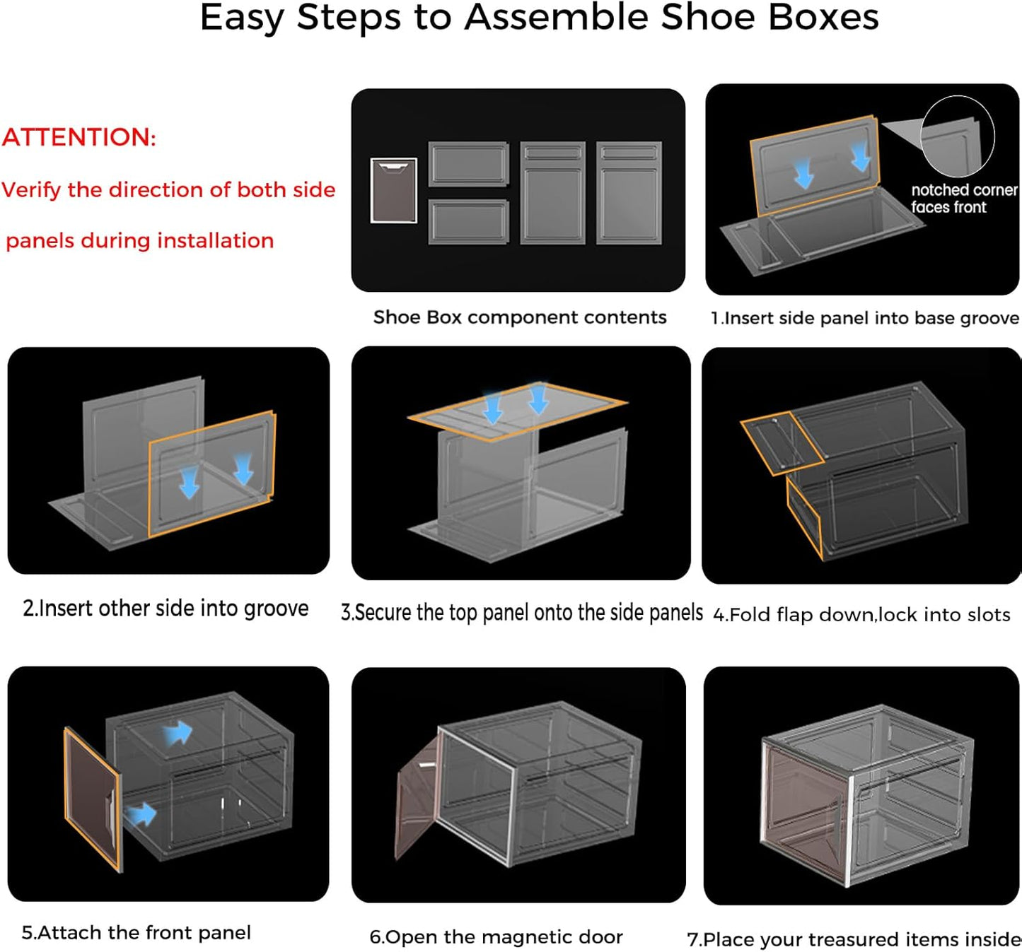 X-Large Stackable Shoe Boxes - Clear Plastic Shoe Storage Boxes with Magnetic Door, Thicken Shoe Organizer for Closet, Space Saving Foldable Shoe Containers Bins for Sneaker Boot - 6 Pack(White)