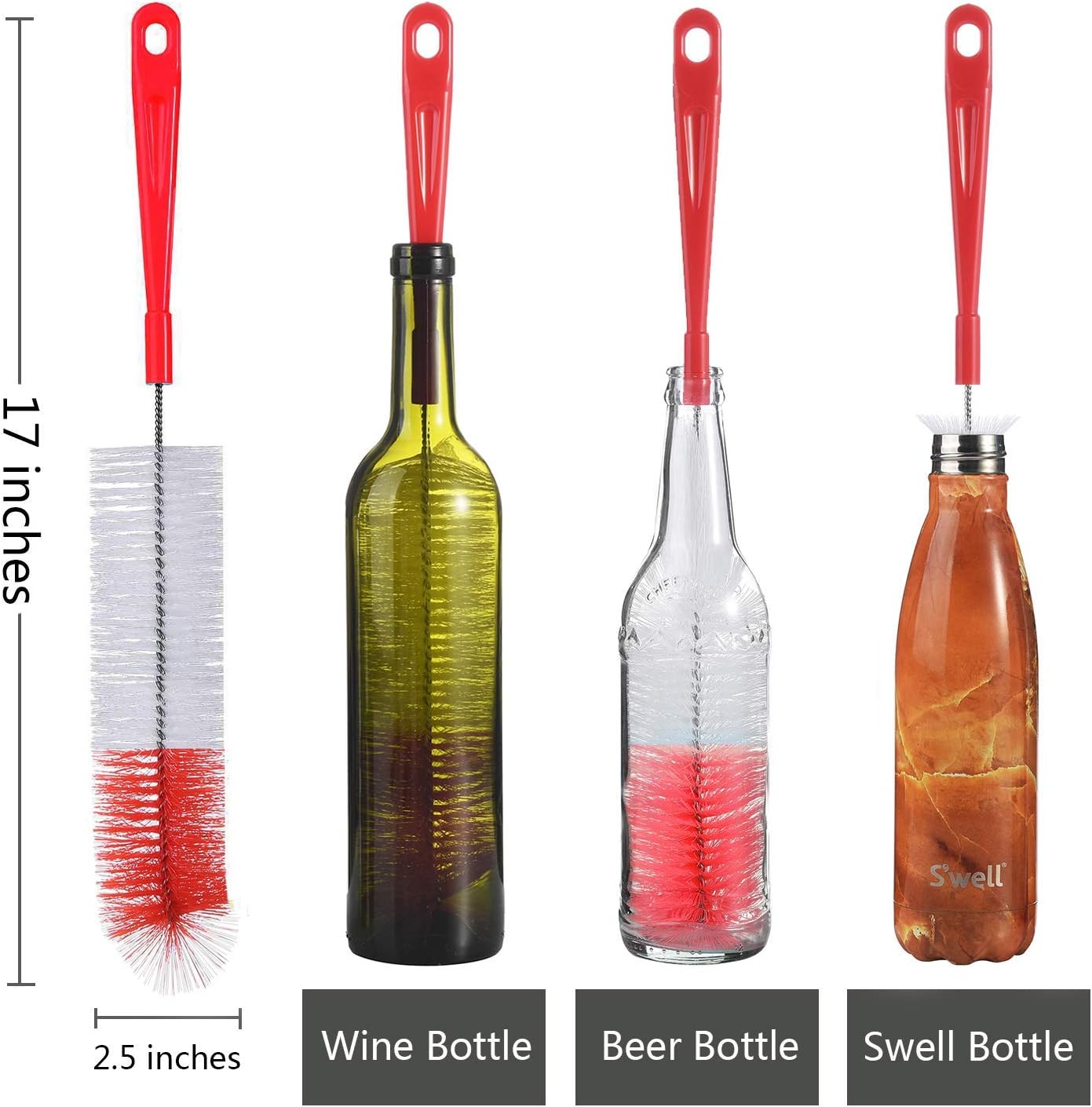 ALINK 5-Pack Red Bottle Brush Cleaner Set - Long Large Cleaing Brush for Narrow Neck Wine/Beer Bottles/ Flask/ Thermos/ Hummingbird Feeder/ Sport Well, Spout/Lid Brush, Straw Brush