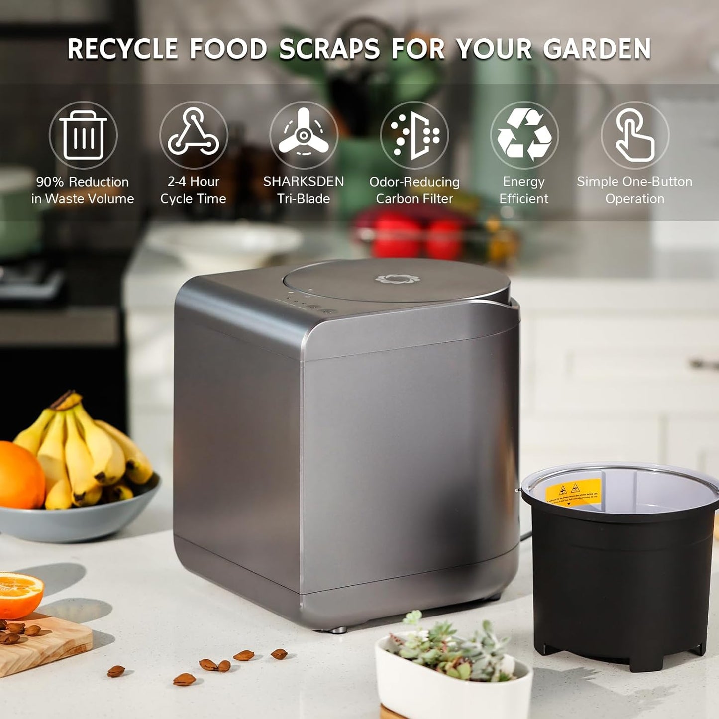 Airthereal Revive Electric Kitchen Composter, SHARKSDEN Tri-Blade, Turn Food Waste and Scraps into Dry Compost Fertilizer for Plants, R500 Gray