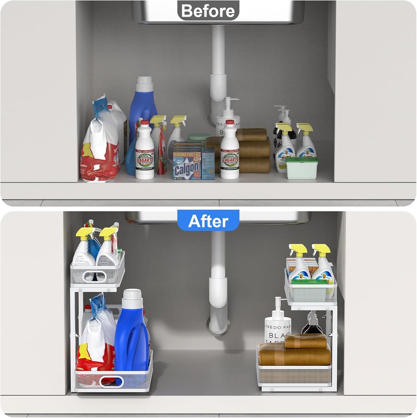 Under Sink Organizer, High Adjustable 2 Tier Under Sink Organizers and Storage, Slide Out Metal Cabinet Organizers, Pull Out Storage Drawer Shelf for Kitchen Bathroom Cabinet, White, 2 Pack