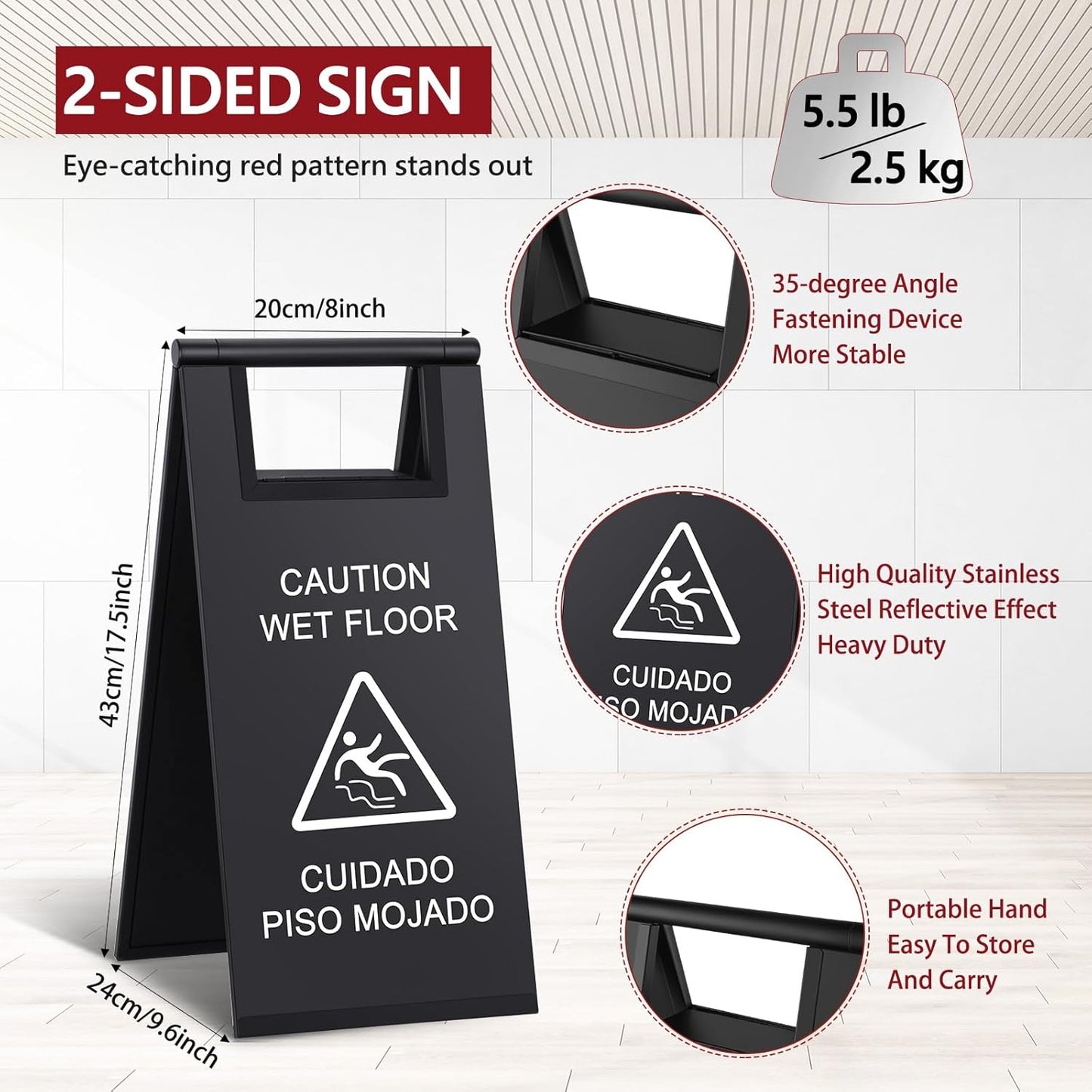 Kigley 2 Pcs Wet Floor Sign, 17 Inch Stainless Steel Caution Wet Floor Sign Double Sided Portable Foldable Bilingual Safety Warning for Hotel Market Restroom Restaurant Office (Black)