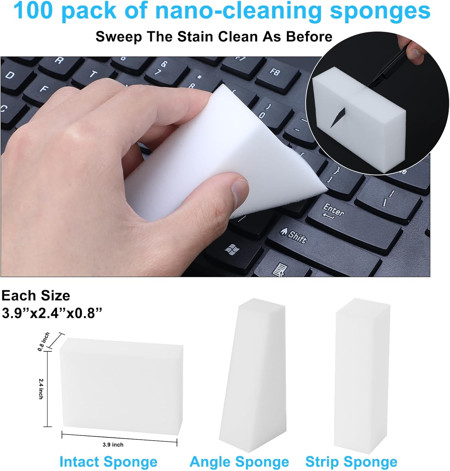 100 Pack Magic Sponge Eraser,Multi-Functional Household Cleaning Kitchen Dish Sponge for Furniture,Extra Thick and Long Lasting Melamine Cleaning Sponges for Bathroom,Bathtub, Wall Cleaner (100)