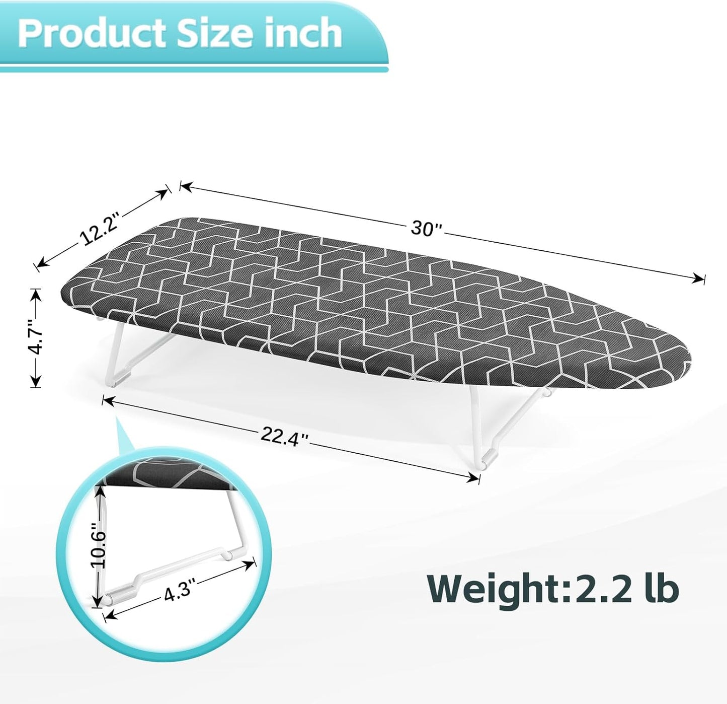 Small ironing board tabletop with heat resistant cover, Compact mini ironing board with metal mesh frame, For dorms, aprtment and travel, Hook for hanging, Iron board 30x12, Iron table stand dark gray