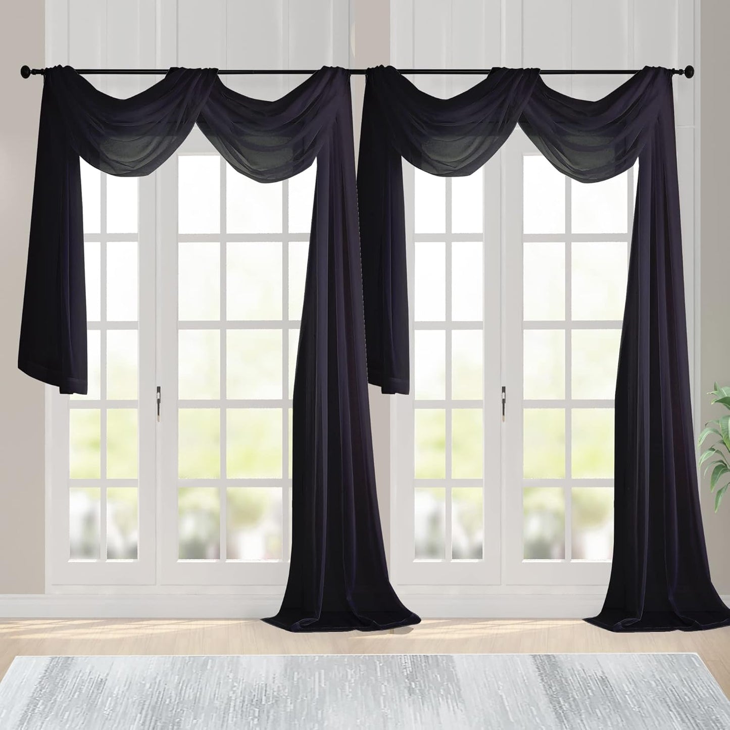 Chyhomenyc Black Sheer Scarf Valances for Windows 216 Inch Extra Long, Window Scarf Drapes Rod Pocket Backdrop for Wedding Arch Draping/Party/Canopy Bed/Living Room, 2PC, 18 Feet Length