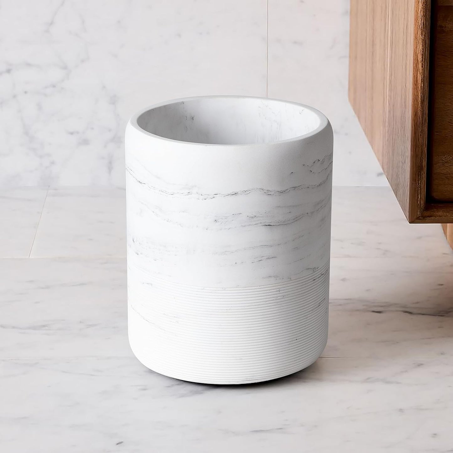 Bathroom Trash Can - Decorative Wastebasket Finished in Resin, Beautiful Marble Look, Modern Round Waste Basket for Bathroom, Powder Room Or Living (Marble Style), white