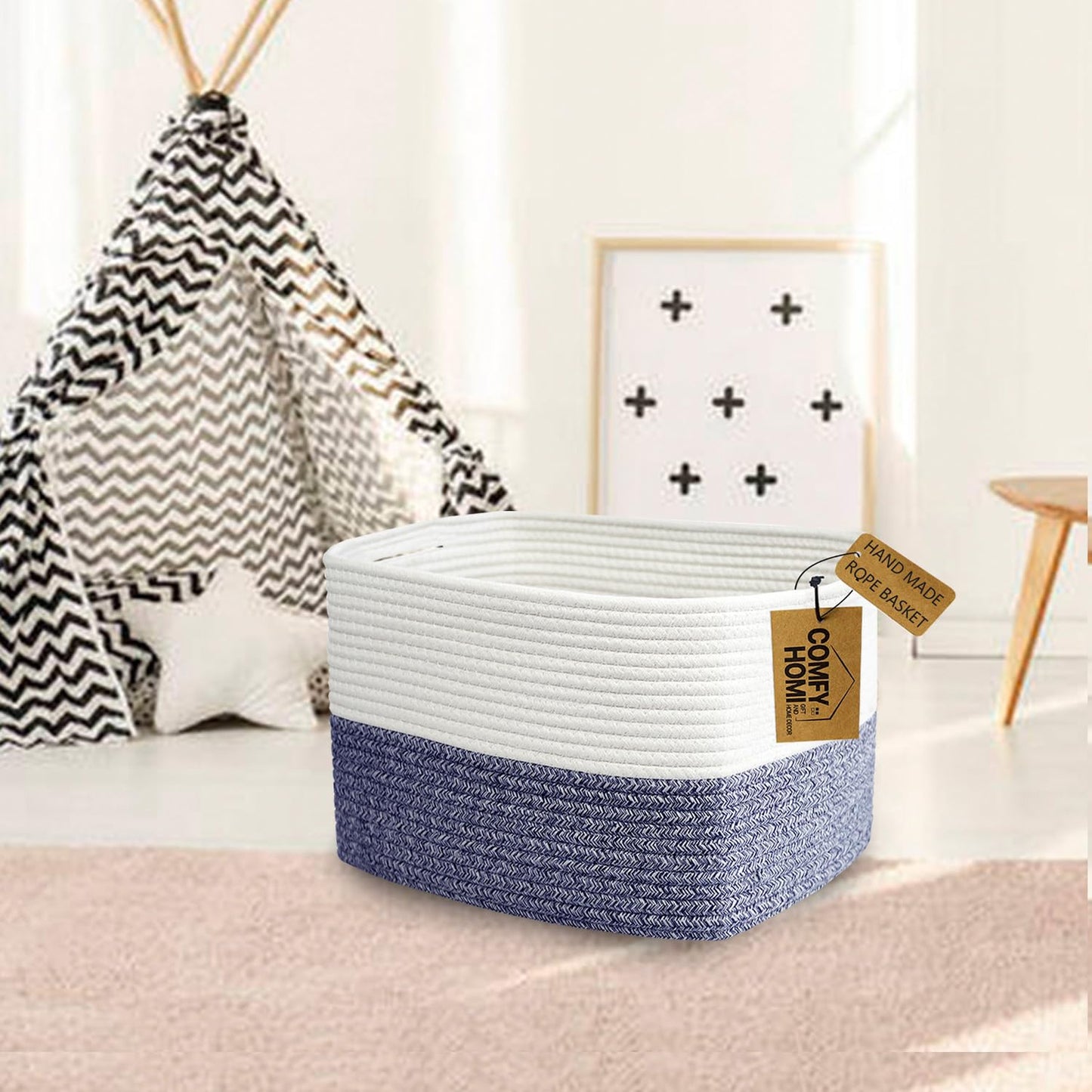 COMFY-HOMI 3 Pack Medium Cotton Rope Basket with Handles for Shelves, Dog Toy, Baby, Gift Organizing, Handwoven Craft - New Generation 13.5" x 11" x 9.5" (Navy Blue)