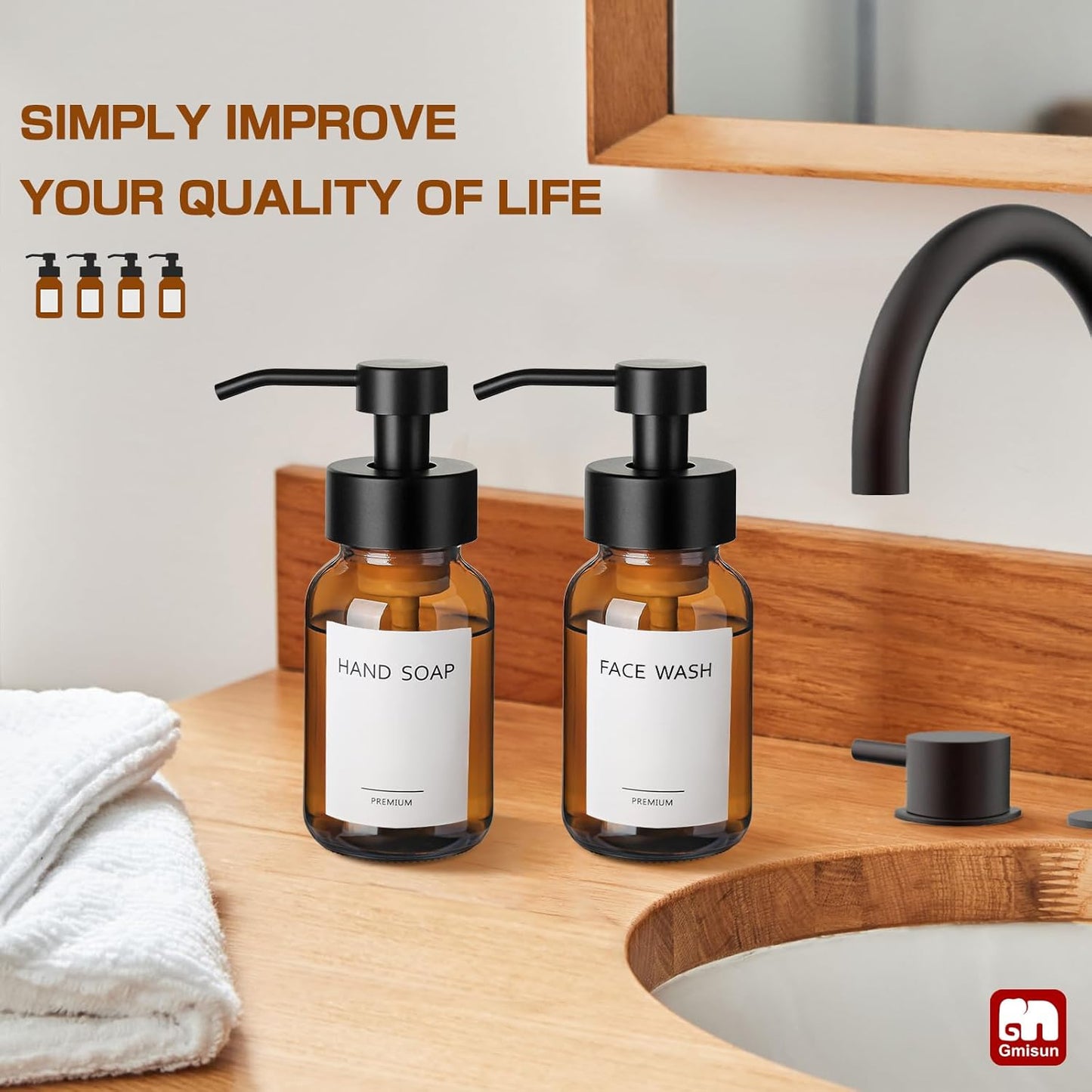 GMISUN Foaming Soap Dispenser, 4 Pcs 8.5 Fl oz Amber Glass Foam Hand Soap Dispenser for Bathroom & Kitchen, Refillable Hand Soap Foam Dispensers, Modern Amber Glass Pump Bottle with Waterproof Labels