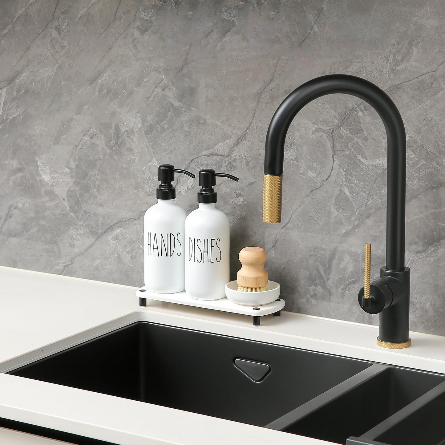 MOMEEMO White Soap Dispenser Set Comes with Stainless Steel Pumps, Instant Dry Tray, and Dish Scrub Brush, Suitable for Kitchen Accessories and Farmhouse Decor. (White)