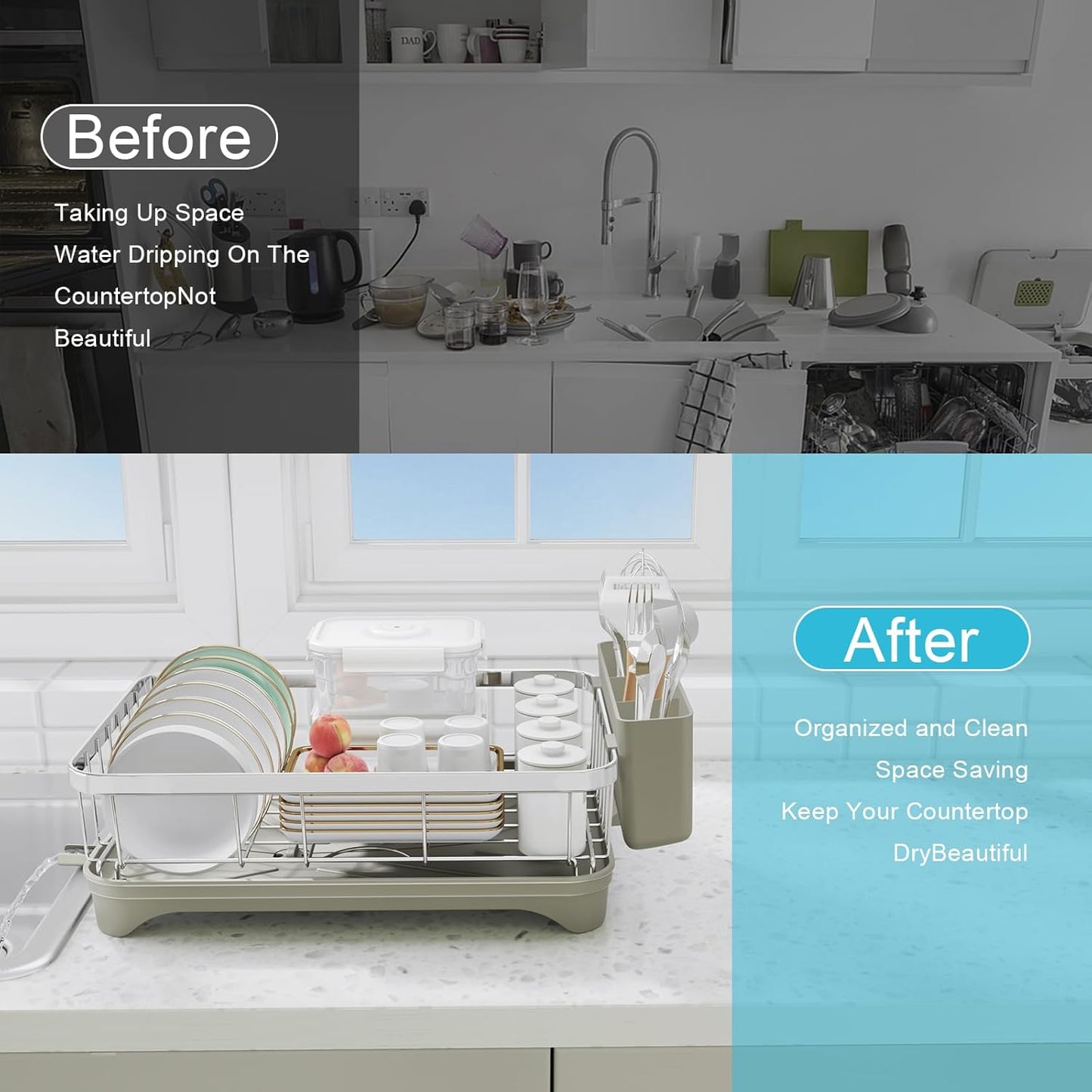 Dish Drying Rack - 304 Stainless Steel Dish Rack, Adjustable Spout Auto-Draining Dish Drainers for Kitchen Counter, Large Capacity for Bowls, Cups, Dish Drainer with Drainboard Grey