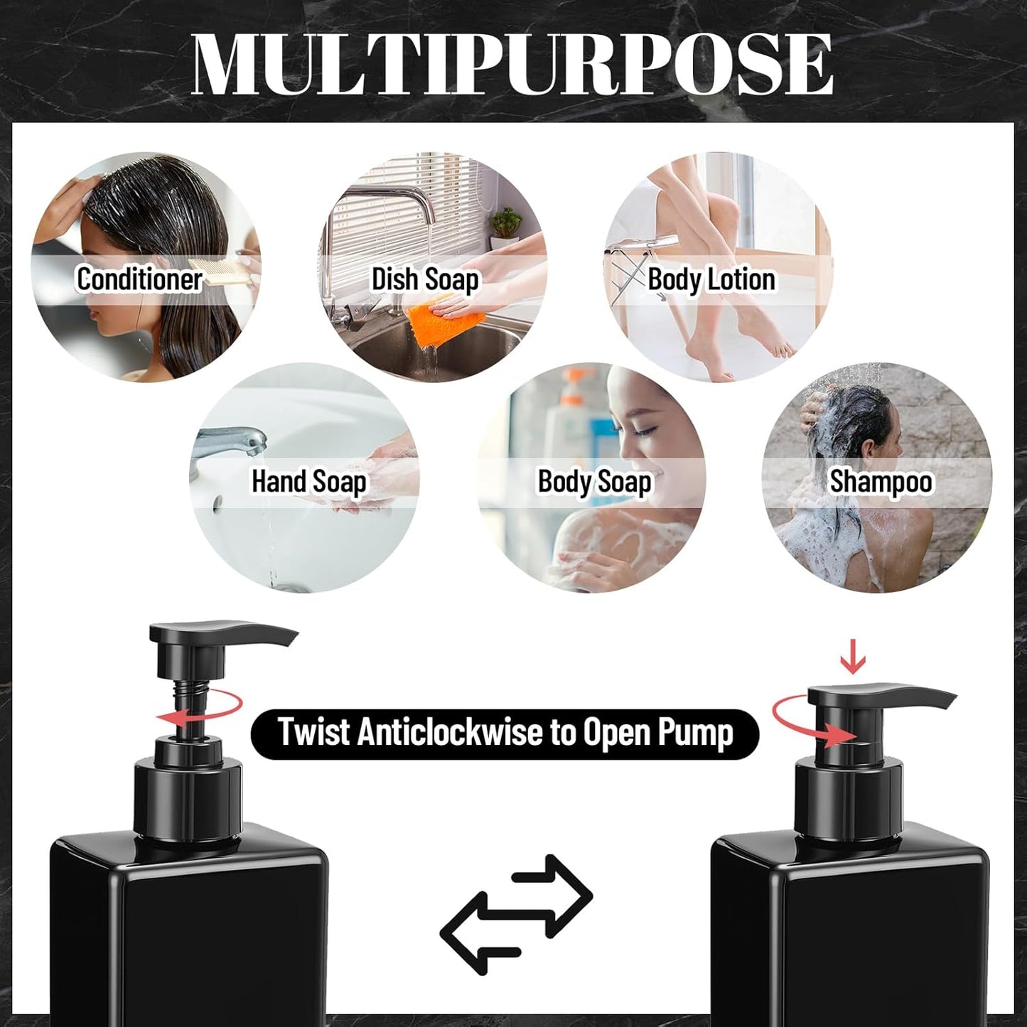 Tanlade 6 Pcs Shampoo and Conditioner Dispenser Bottles 16oz Modern Shower Soap Bottles with Pump, Labels and Marker Pen Easy to Refill Body Wash Dispensers for Home Bathroom Decoration (Black)