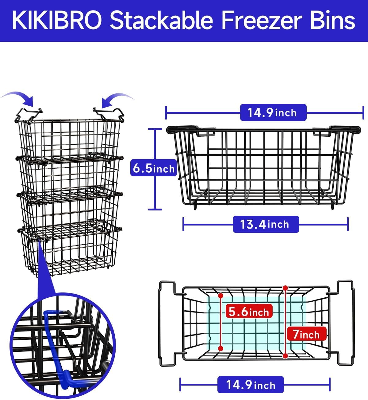 Freezer Organizer Bins - Fit 10 to 20 Cu.FT Deep Freezer, Stackable Chest Freezer Organizer Sort Frozen Food and Easily Get with Handle, 4 Pack Chest Freezer Bins, Black