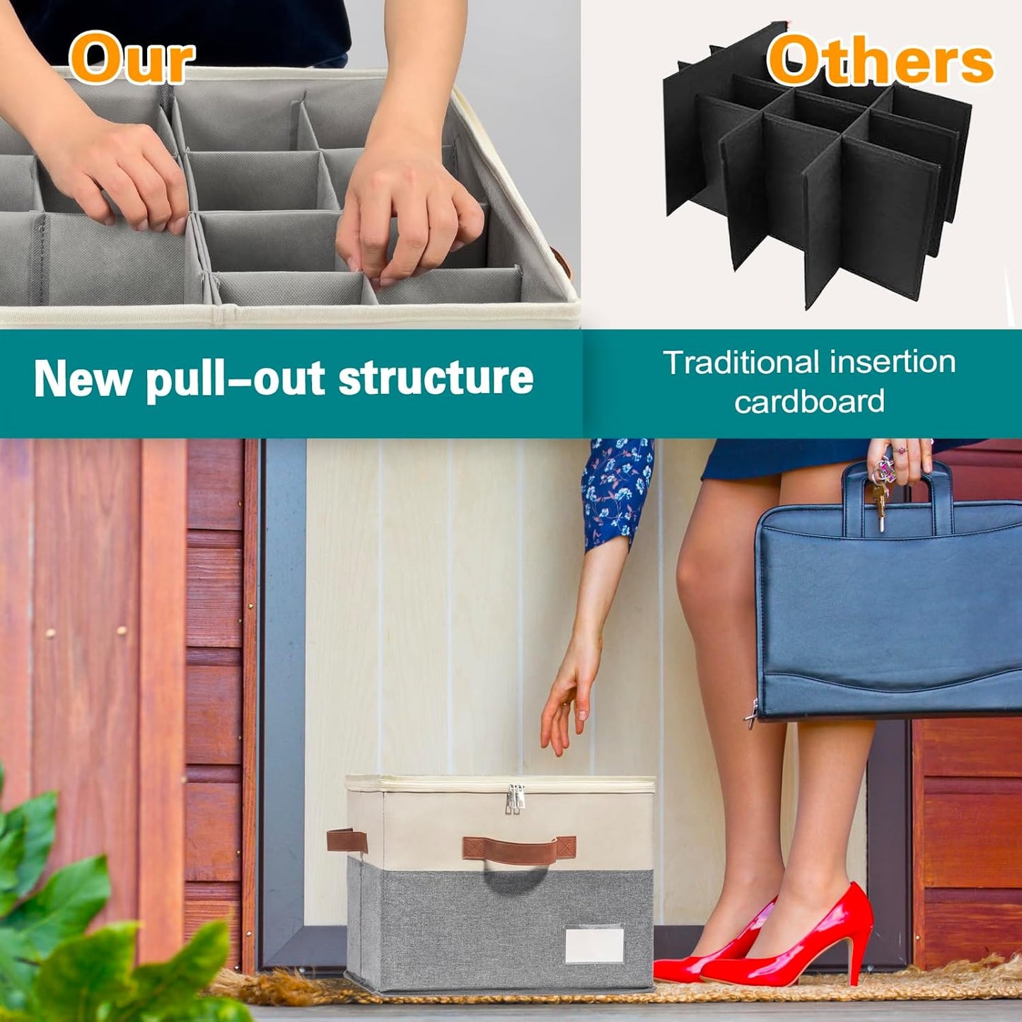 Shoe Organizer for Closet, Foldable Shoe Storage Bins with Clear Cover, Space Saving Shoes Holder with 4 Handles, Large Adjustable Shoe Box Storage Containers, Fits 8-16 Pairs, 2 Pack, Beige