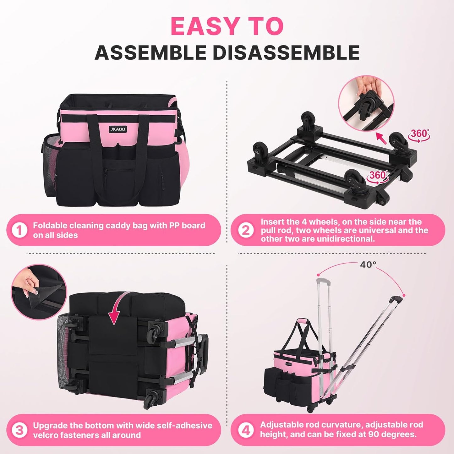 Large Rolling Cleaning Caddy Bag with Detachable Trolley, Waterproof Cleaning Caddy on Wheels for Housekeepers, Cleaning Cart Supplies Organizer for Home,Car,Office,Picnic (Pink) (in Patent)