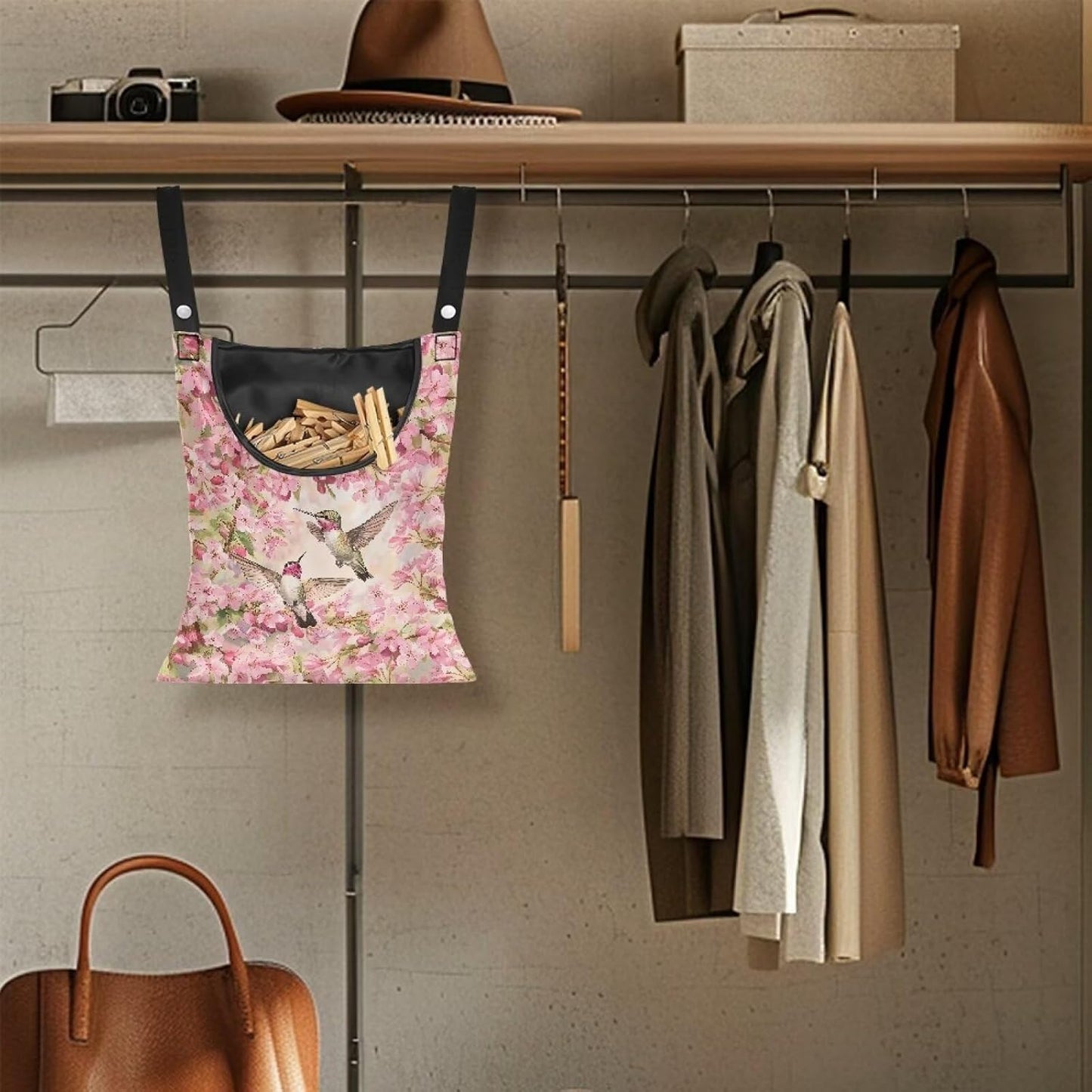 Hummingbird and Cherry Blossom Clothes Pin Hanging Bag, Clothes Pin Hanging Bag Space-Saving Organize Clothespin Bag Large Capacity Clothespin Bag with A Large Opening for Clothesline Outdoor