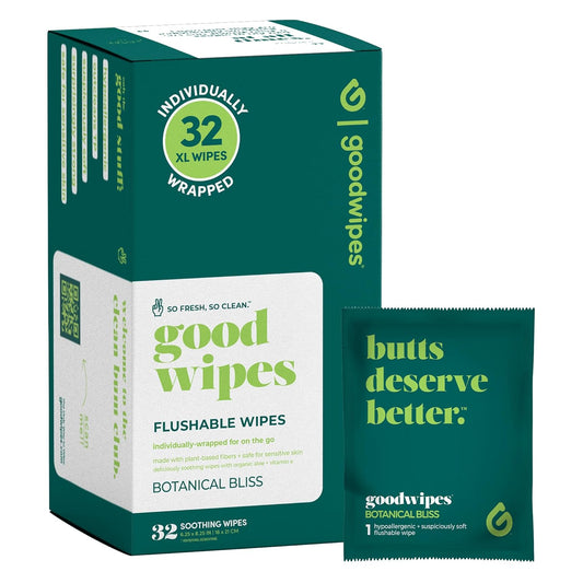 goodwipes Flushable Wipes - Individually Wrapped Butt Wipe for On-the-Go Adults - Portable Mini Wipes - Travel Essentials - Sewer & Septic Safe - Botanical Bliss, 32 Count (1 Pack)