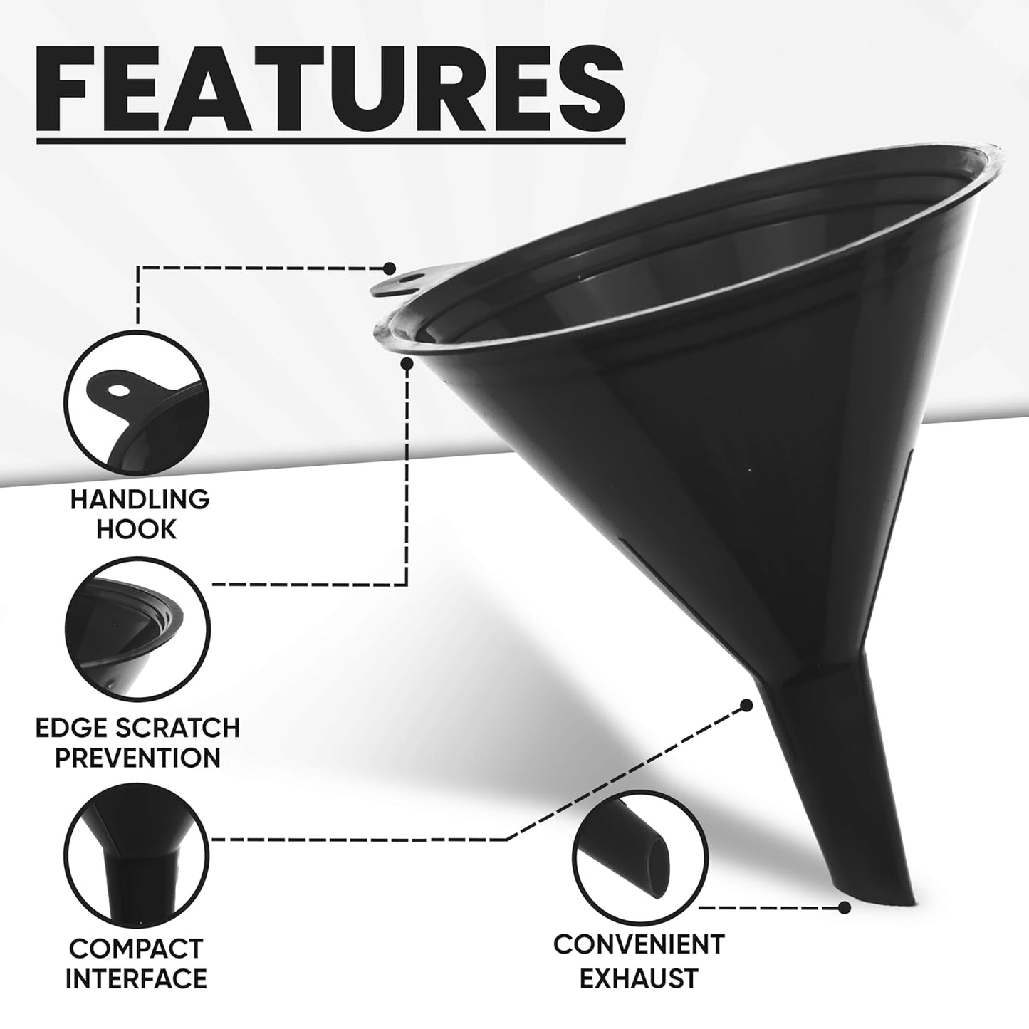 Funnels for Kitchen Use – Black Set in 4 Sizes (122, 101, 76 & 50mm) | Durable, Non-Toxic Food Grade Plastic – Ideal for Filling Bottles, Jars & Containers | Perfect for Kitchen, Garage & Labs