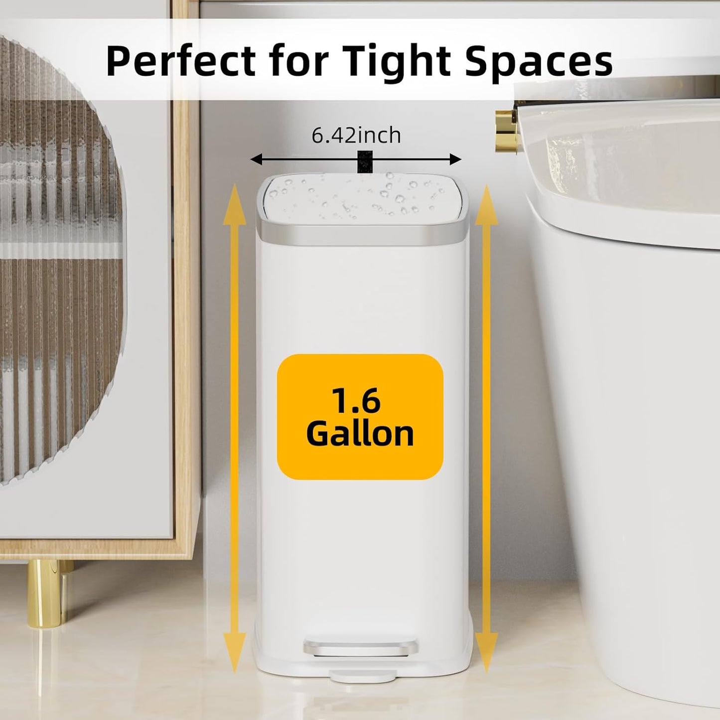 Stainless Steel Bathroom Trash Can with Lid Soft Close,1.6 Gallon Slim Garbage can,Small Metal Step Wastebasket for Office, Bedroom, Toilet, White