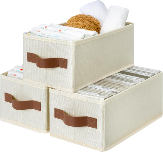 GRANNY SAYS Small Fabric Storage Bins, Storage Baskets for Shelves with PU Handles, Toilet Paper Storage, Mini Baskets for Organizing DVD, Photos, Clothes, Diaper, Sock, Cd, 3-Pack, Ivory