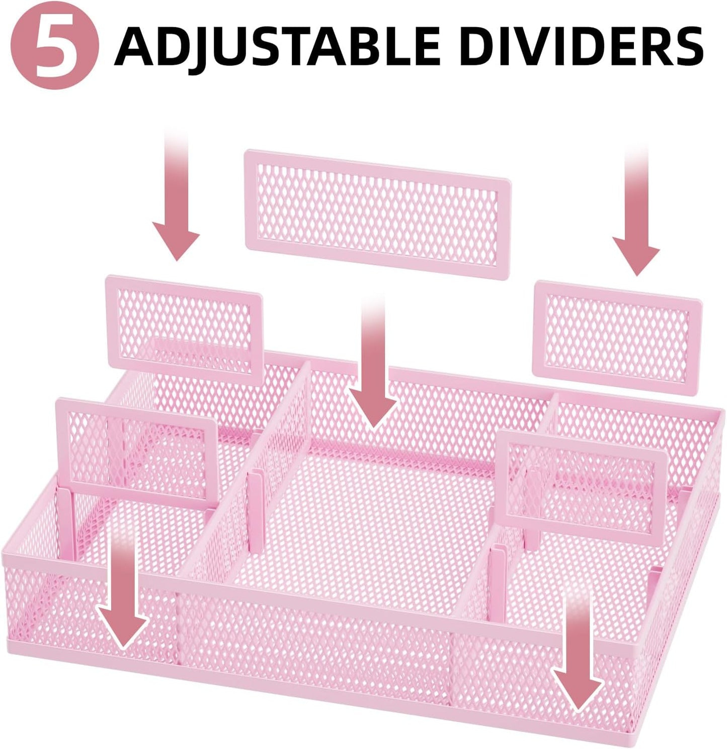 Marbrasse 2 Pack Desk Drawer Organizer, Mesh Drawer Organizer Tray with 8 Adjustable Compartments, Desk Organizers and Accessories, 5 Dividers Drawer for Office Supplies, Makeup & Vanity (Pink)