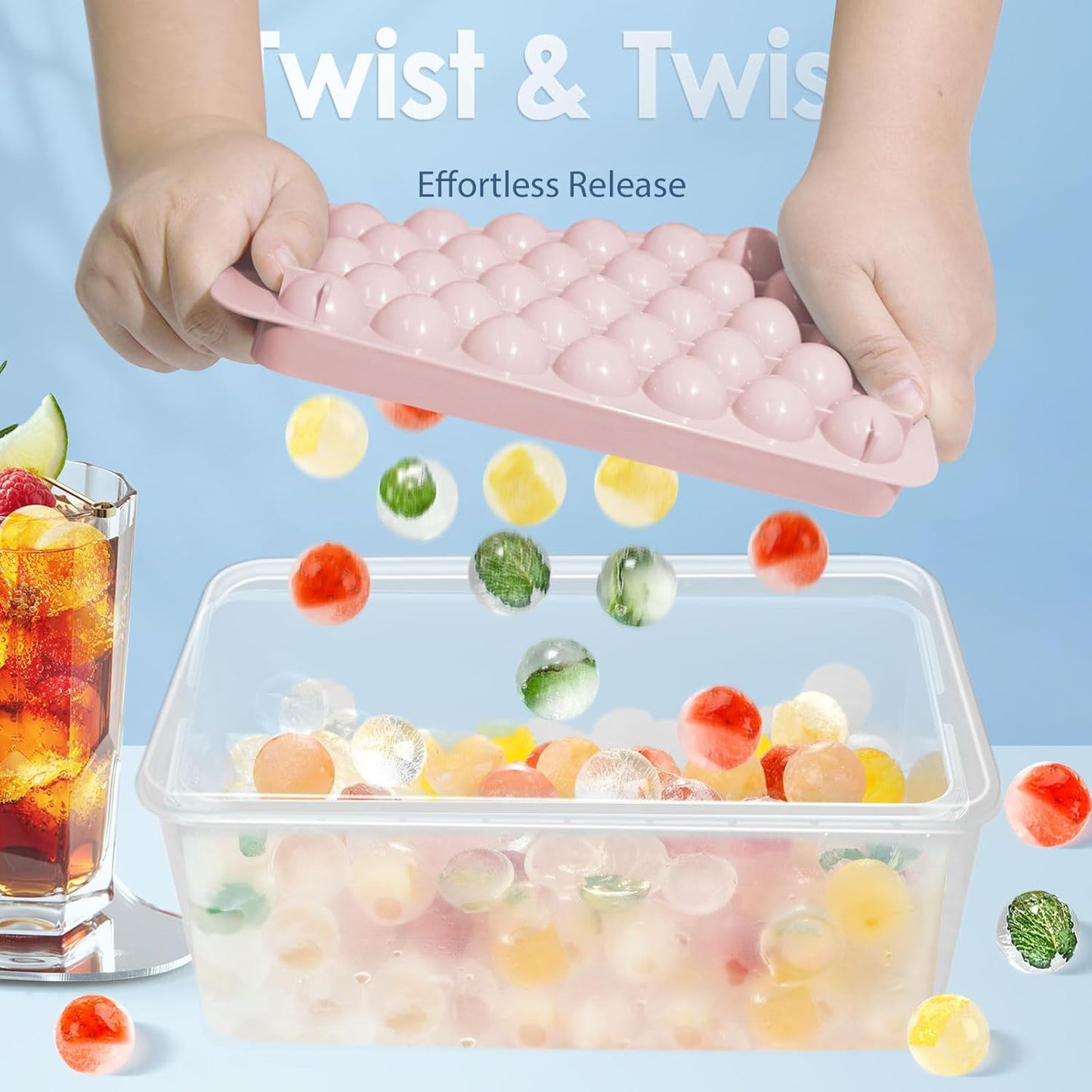 WIBIMEN Ice Cube Tray with Lid and Bin - Round Ice Trays for Freezer with Lid - Ice Cube Trays for Freezer with Ice Container (1"-2PACK Pink)