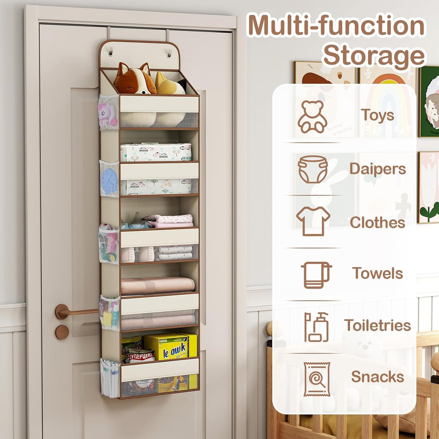 LAMU 5 Tier Over the Door Organizer Hanging, 5 Large Pockets and 10 Side Pockets Behind Door Storage for Baby Toys, 44lbs Back of Door Organizers Shelf for Closet, Nursery and Bathroom, 1 Pack (Beige)