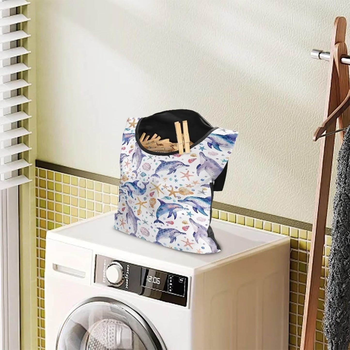 Cute Dophin Clothespin Bag Clothespin Storage with Hanger Hook Canvas Clothespin Bag with Large Opening Space-Saving Clothespin Holder Clothespin Bag for Outdoor Use, 1 Pack, CZB94