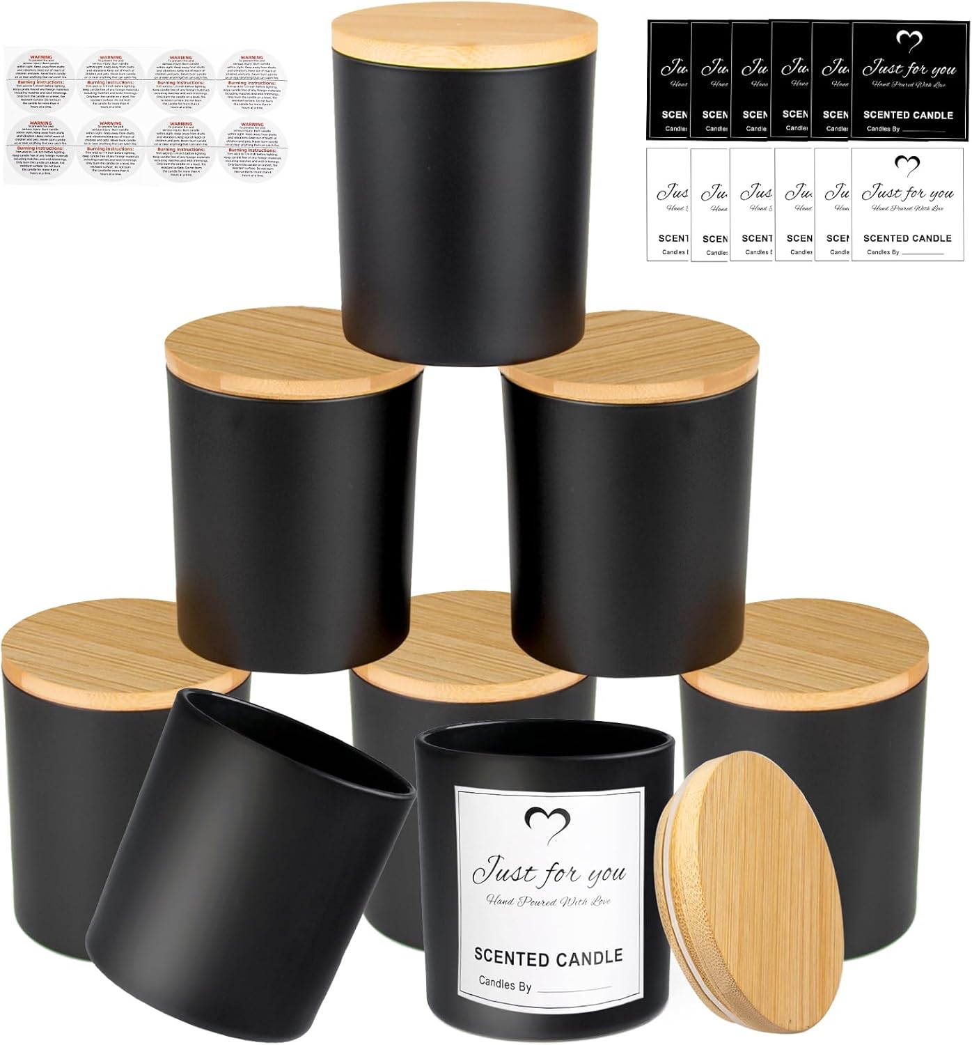 CONNOO 8 Pack 14 OZ Empty Black Glass Candle Jars for Making Candles with Bamboo Lids and Sticky Labels, Bulk Candle Jars for Making Candles - Spice, Powder Containers.