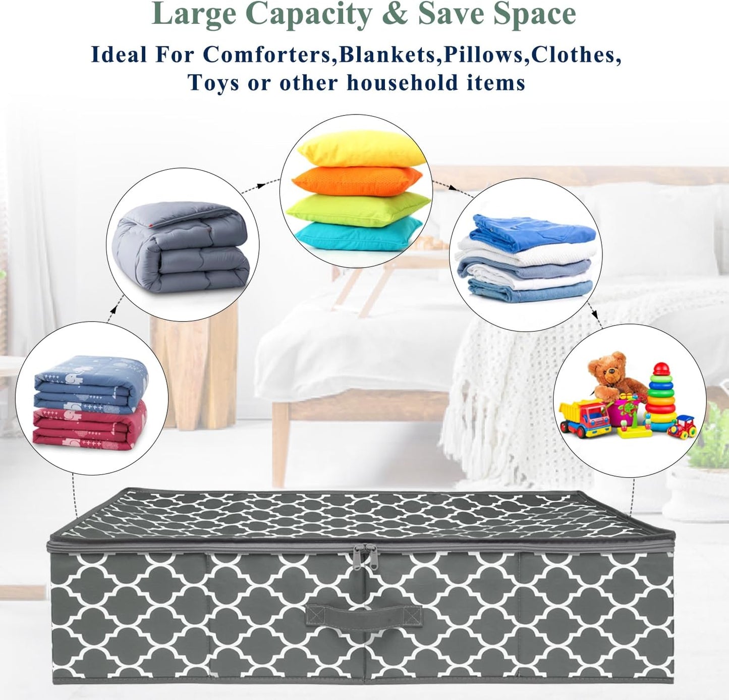 punemi Under Bed Storage, 2-Pack 6.7 Inches Tall Underbed Clothes Storage Bags W/Sturdy Structure, Thick Fabric Storage Containers Drawers With Zipper Lid, College Dorm Room Under Bed(Lantern Pattern)