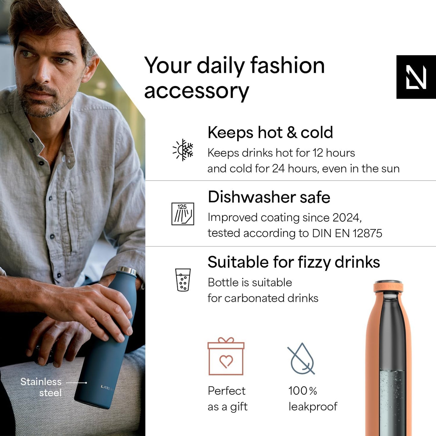 LARS NYSØM Stainless Steel Insulated Water Bottle 12oz 17oz 25oz 34oz 51oz | Insulated Thermo Flask for Hot and Cold Beverages | Leakproof Drinking Bottle (Pumpkin Orange, 25.4 oz)