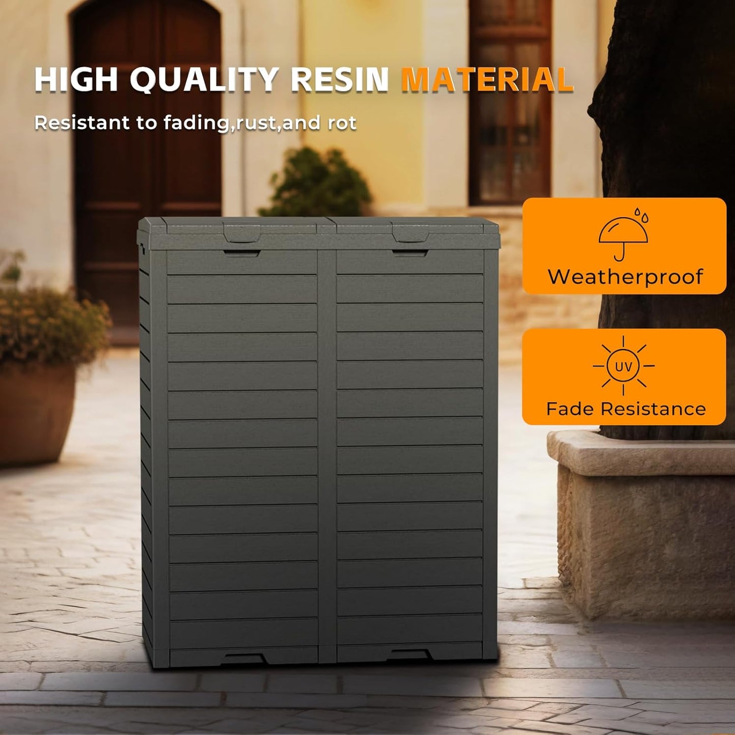 62-Gallon Outdoor Trash Can with lid, Waterproof, UV-Resistant Resin Garbage Can, Lockable Lid and Drip Tray, Animal-Proof, for Patio, Kitchen, Backyard and Deck