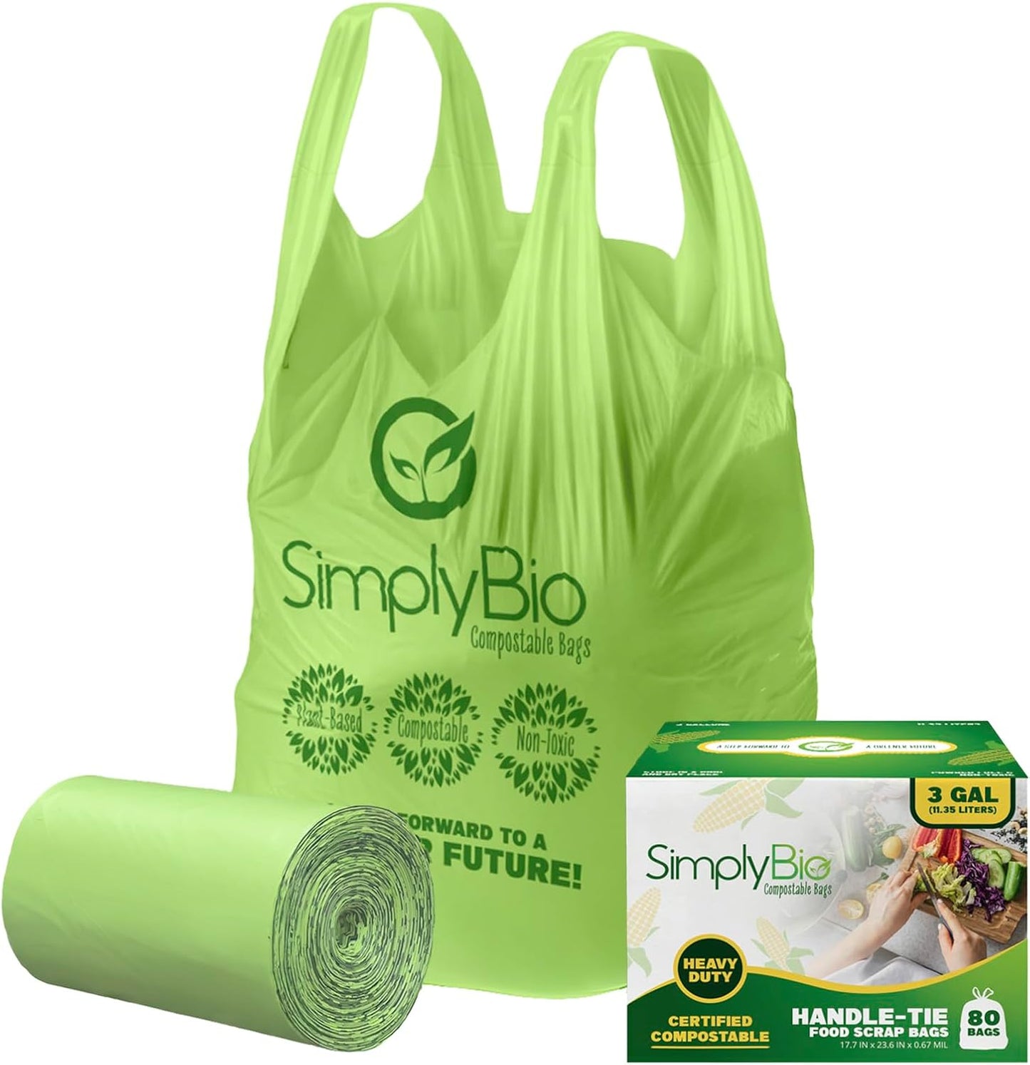 Simply Bio 3 Gallon Compostable Trash Bags Liners with Handle-Tie, Thick 0.67 Mil, 11.36 Liter, 80 Bags, Small Kitchen Food Scrap Waste Bag, ASTM D6400, US BPI and OK Compost Home Certified