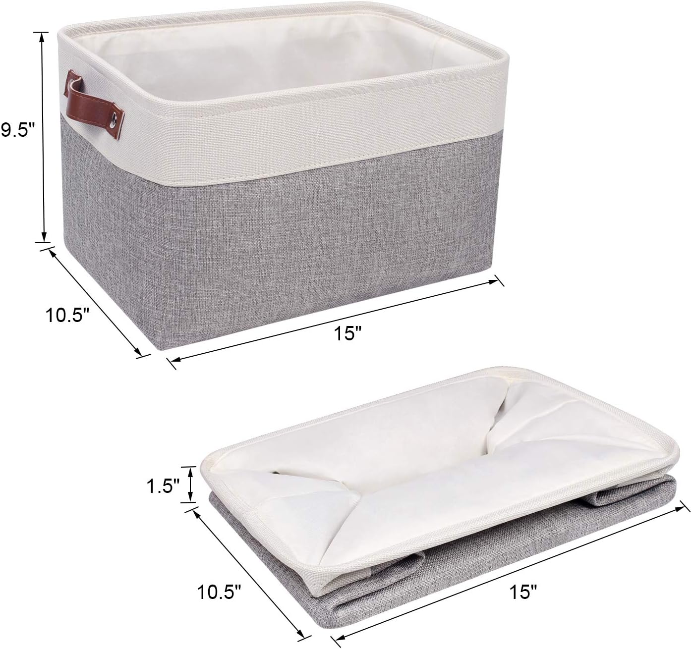 Univivi 15 inch Large Storage Baskets 4PC Gray Hard Bottom Foldable Storage Bins with PU Handles for Shelf Rectangle Fabric Baskets for Organizing (15”X10.5”X9.5”)