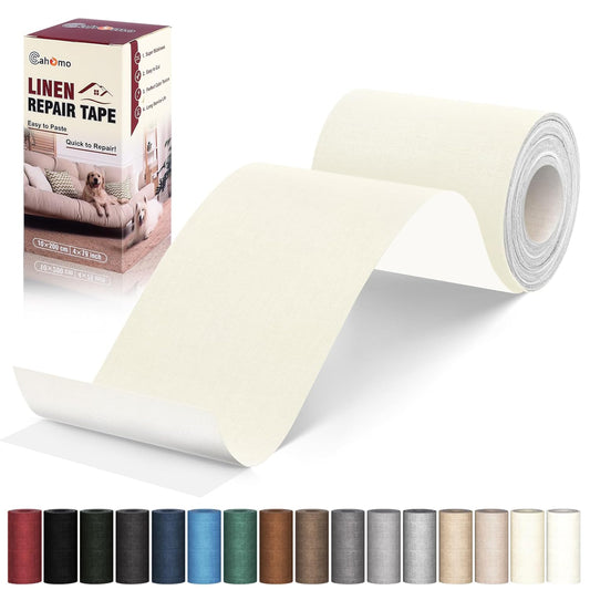 Linen Repair Tape 4x79 inch, Self Adhesive Fabric Patches, Linen Patch Tape Kit, Fabric Repair Tape for Couch Sofas, Headboards, Chairs, Pillows, Curtains, Couches - Beige White
