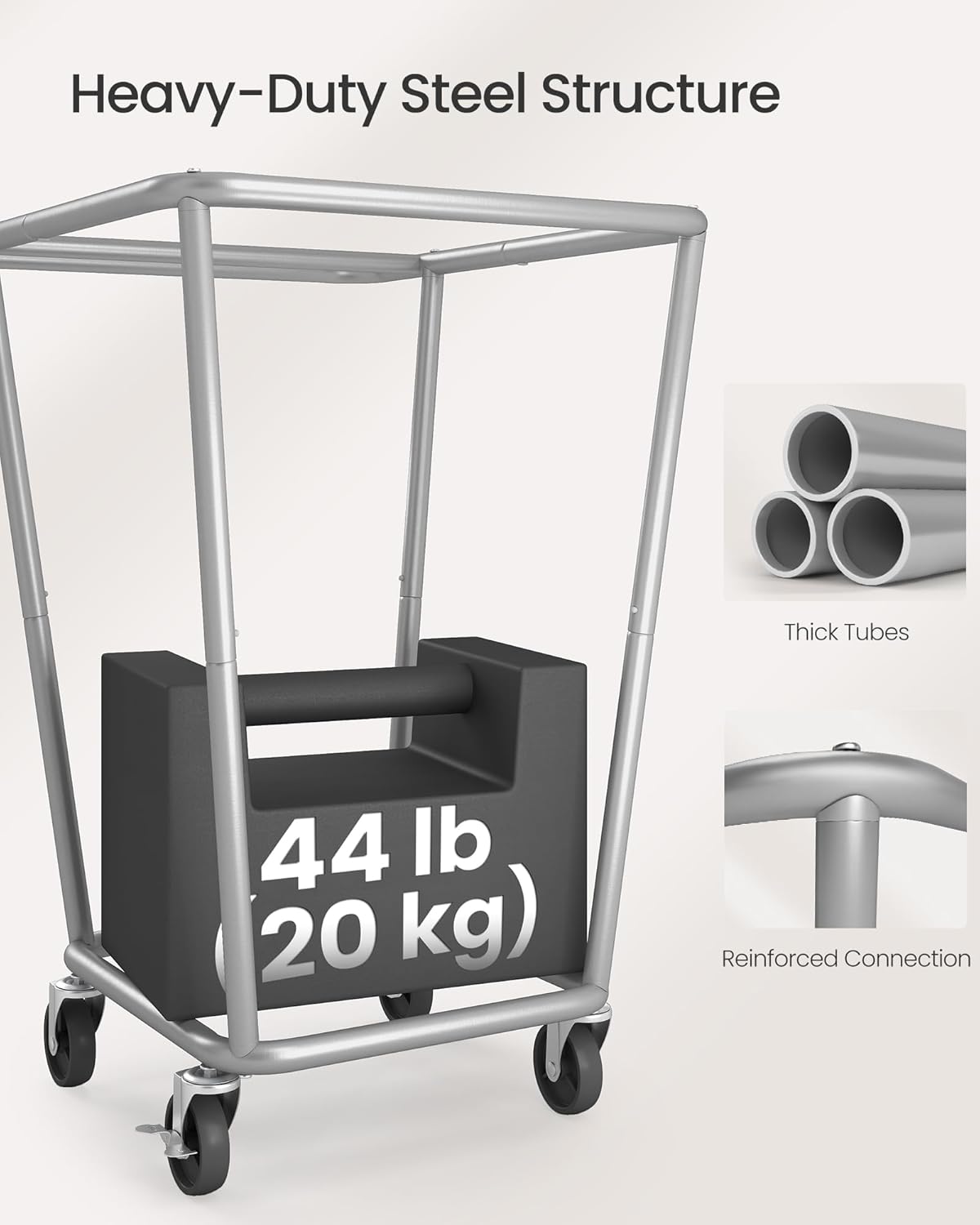 SONGMICS Laundry Basket with Wheels, 34.3 Gallons (130 L) Rolling Laundry Hamper with Removable Bag, Heavy-Duty Steel Frame with Handle, Cream White URLS008W01