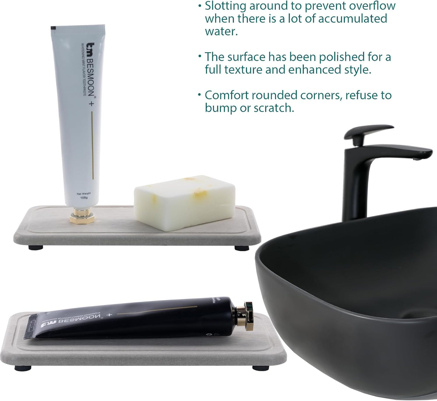 2 Pcs Water Absorbing Stone Trays, Kitchen/Bathroom Sink Soap Dish, Diatomite Tray Used for Hand Soap & Cosmetic Bottles in The Modern Home, 4" W x 8.3" L, Gray