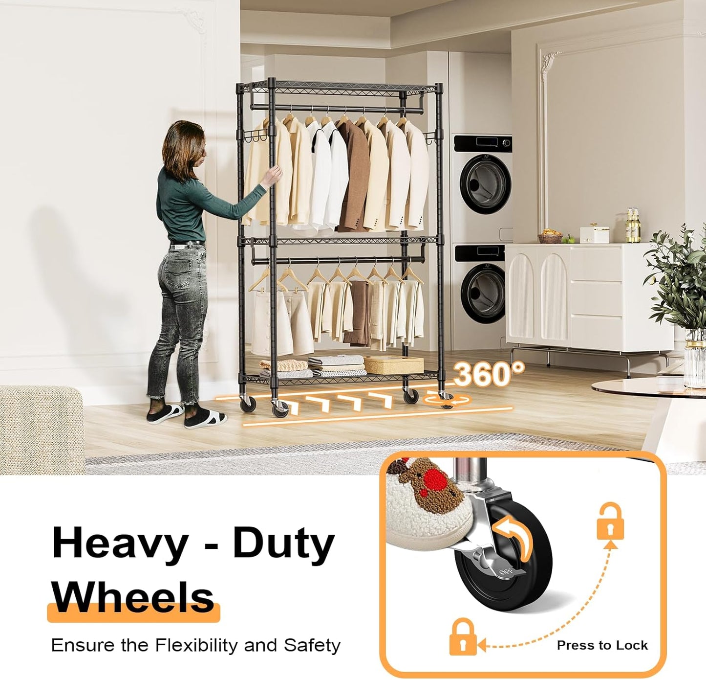 Heavy Duty Rolling Garment Rack 3 Tiers Adjustable Wire Shelving Clothes Rack with 2 Rods and Side Hooks,Storage Closet Clothing Rack with Wheels Black 15.7" D x 29.5" W x 74.5" H