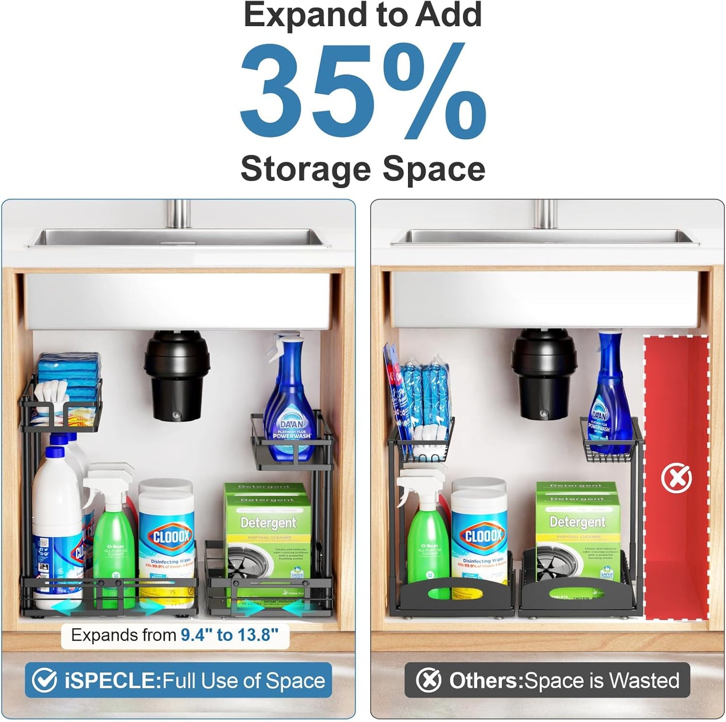 iSPECLE Under Kitchen Sink Organizer - 2 Tier Pull Out Under Sink Organizer Expandable Width Add Storage Space, Adjustable Height Easy Get Items without Digging, No Drilling Under Sink Storage