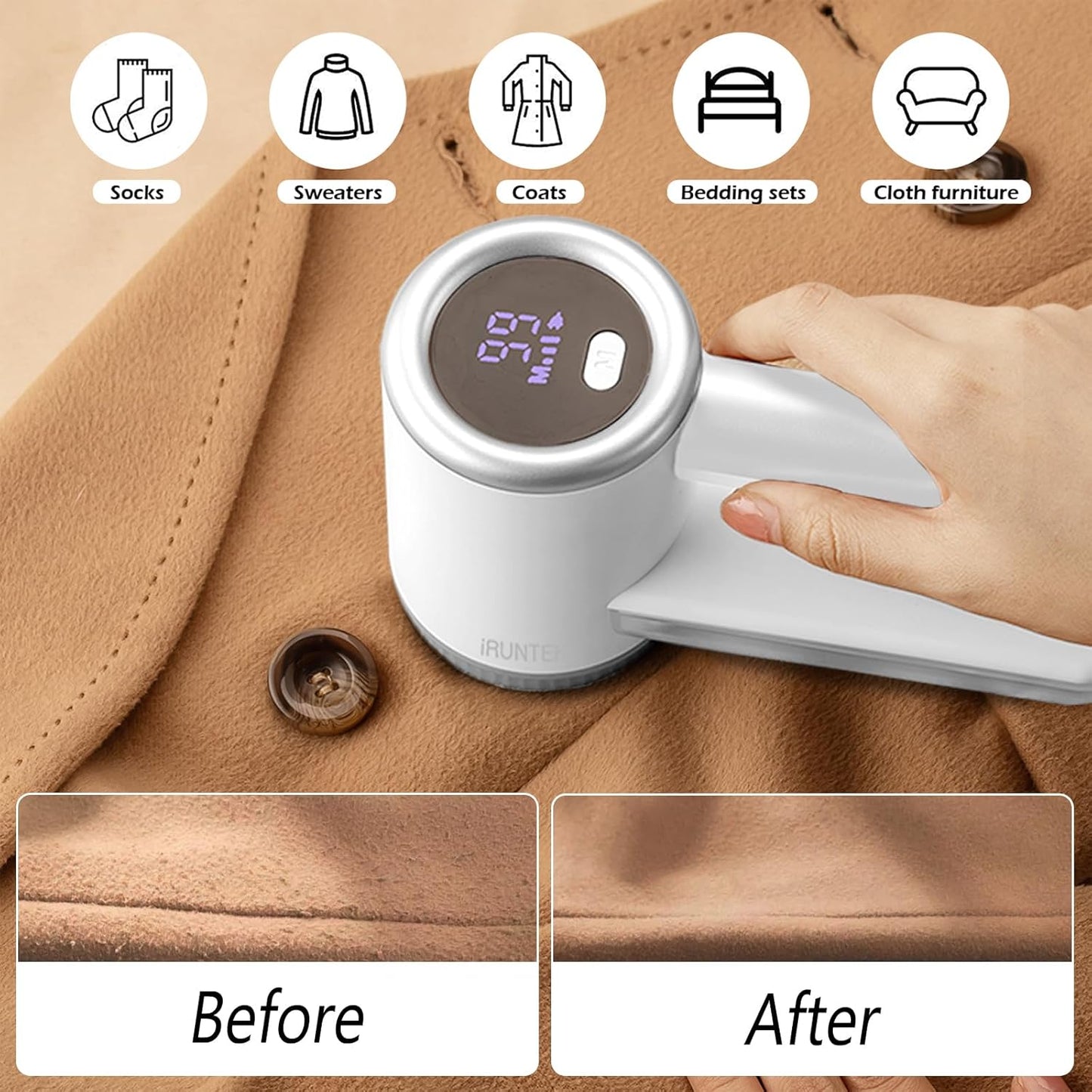 iRUNTEK Rechargeable Fabric Shaver, Electric Commercial Lint Remover with LED Display & Big Trash Box, 3-Speeds for Removing Fuzz and Pill from Clothes, Furniture, Sweater, Couch and Blanket, Silver