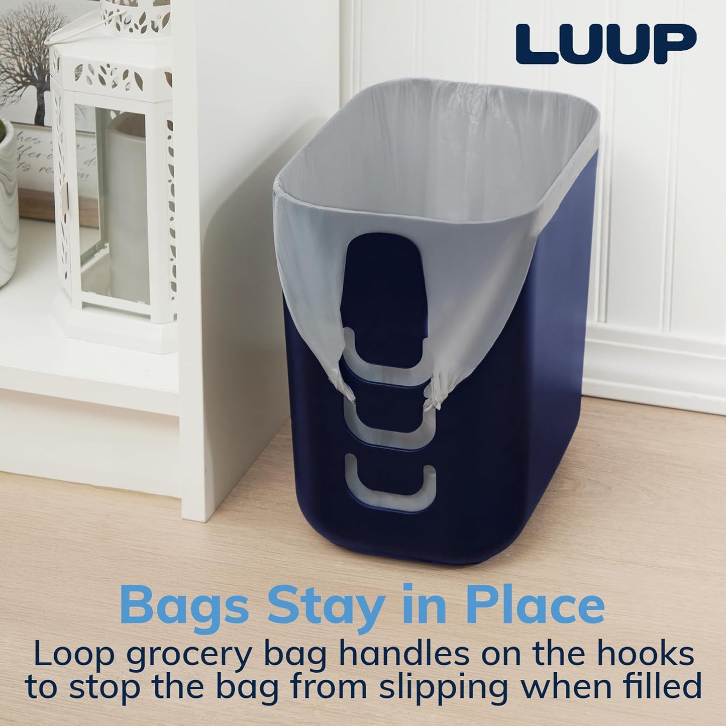 STORi Luup Bathroom Wastebasket, Secure Grocery Bags, Plastic Garbage Container for Vanity, Laundry Room, Kitchen, Office, 2.5 Gallon, Navy, Made in USA