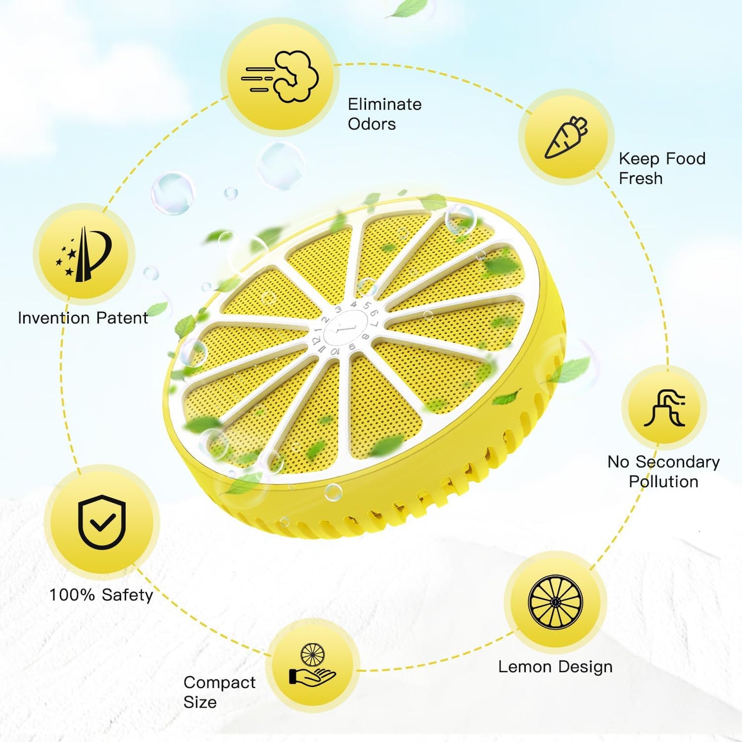 Refrigerator Deodorizer with AOP-KF Solid Alkali Technology, 2 Years Long-Lasting Fresh Odor Eliminator for Fridge, Kitchen, Apartment, Closet & Small Spaces, Lemon Design & Adjustable Clip (3 Packs)