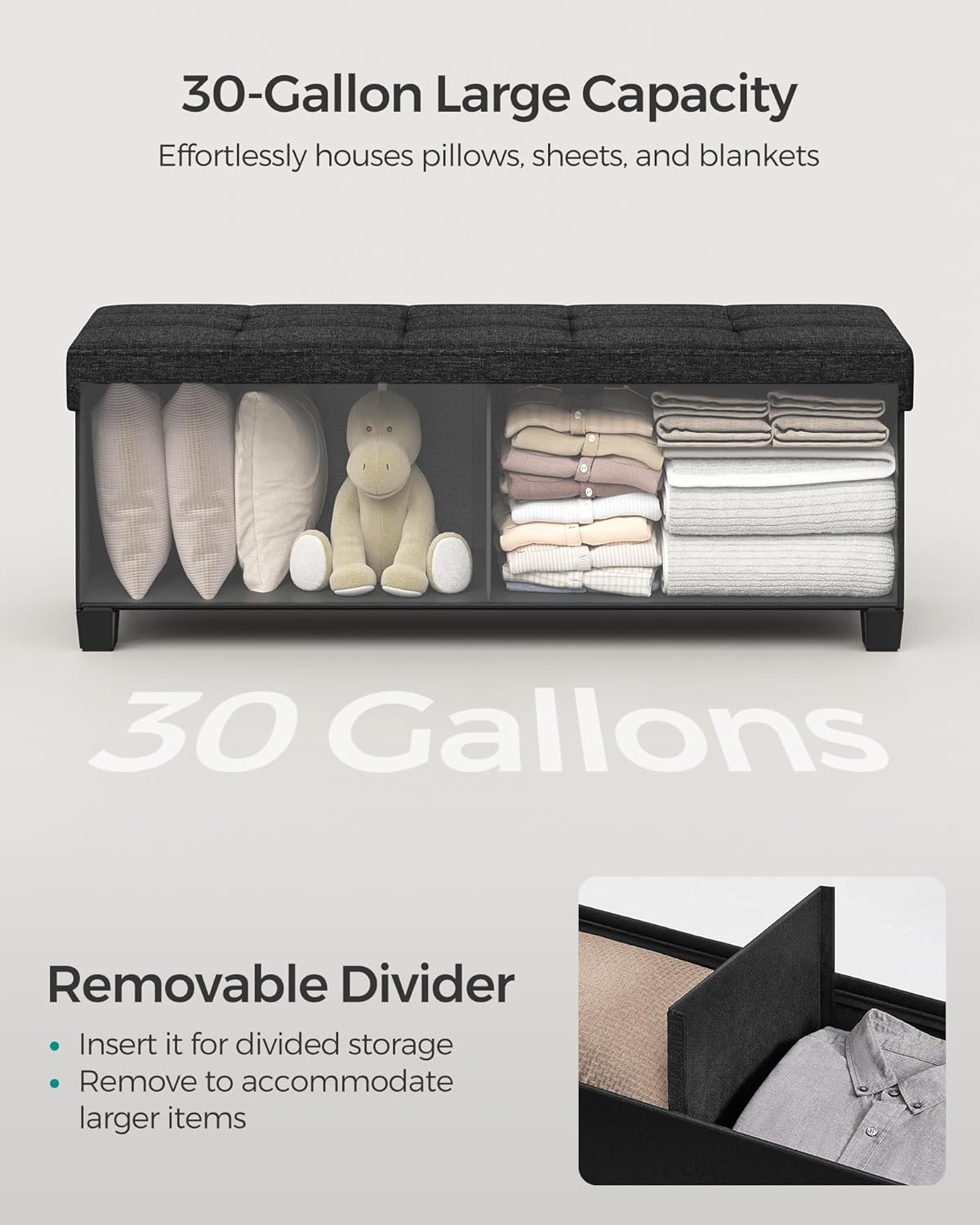 SONGMICS Storage Ottoman Bench, Foldable Foot Rest with Legs, 15 x 43 x 15.7 Inches, End of Bed Bench, Storage Chest, Load up to 660 lb, for Living Room, Bedroom, Entryway, Ink Black ULSF018B01