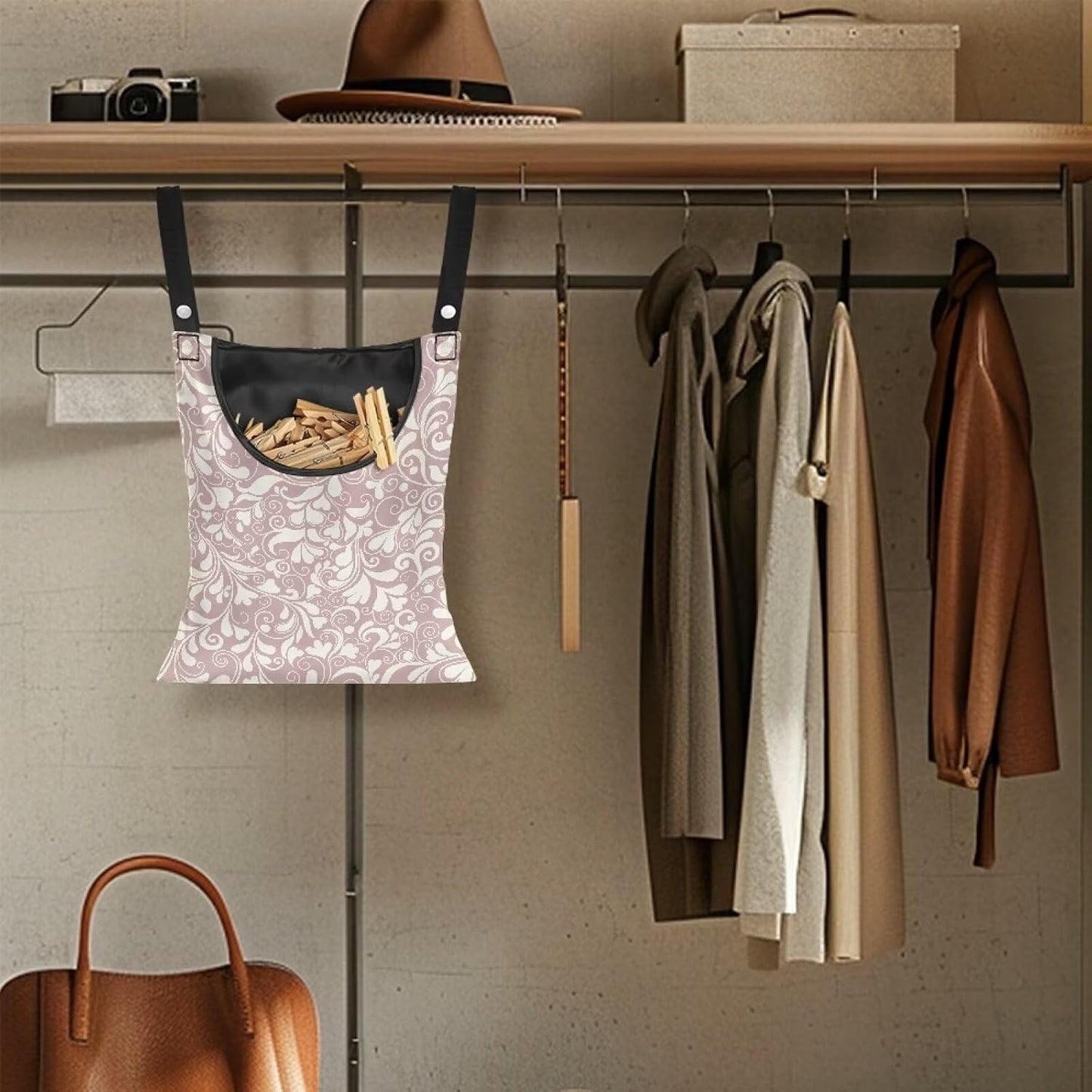 High Capacity Clothespin Holder Bag 14.5x12 Inches - Durable Outdoor Storage with Wide Opening for Clothesline Organization Hanging Loop & Button Closure Heart Shape Floral Print Pink