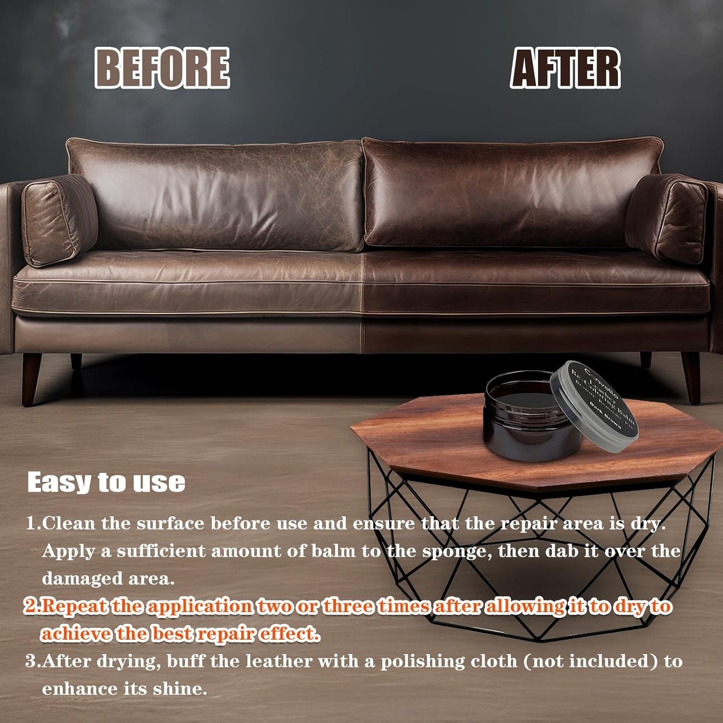 Dark Brown Leather Repair Kit, Dark Brown Leather Recoloring Balm, Leather Dye - Restore & Renew Scratch, Faded and Aged Leather & Vinyl Couches, Boots, Car Seats or Leather Furniture