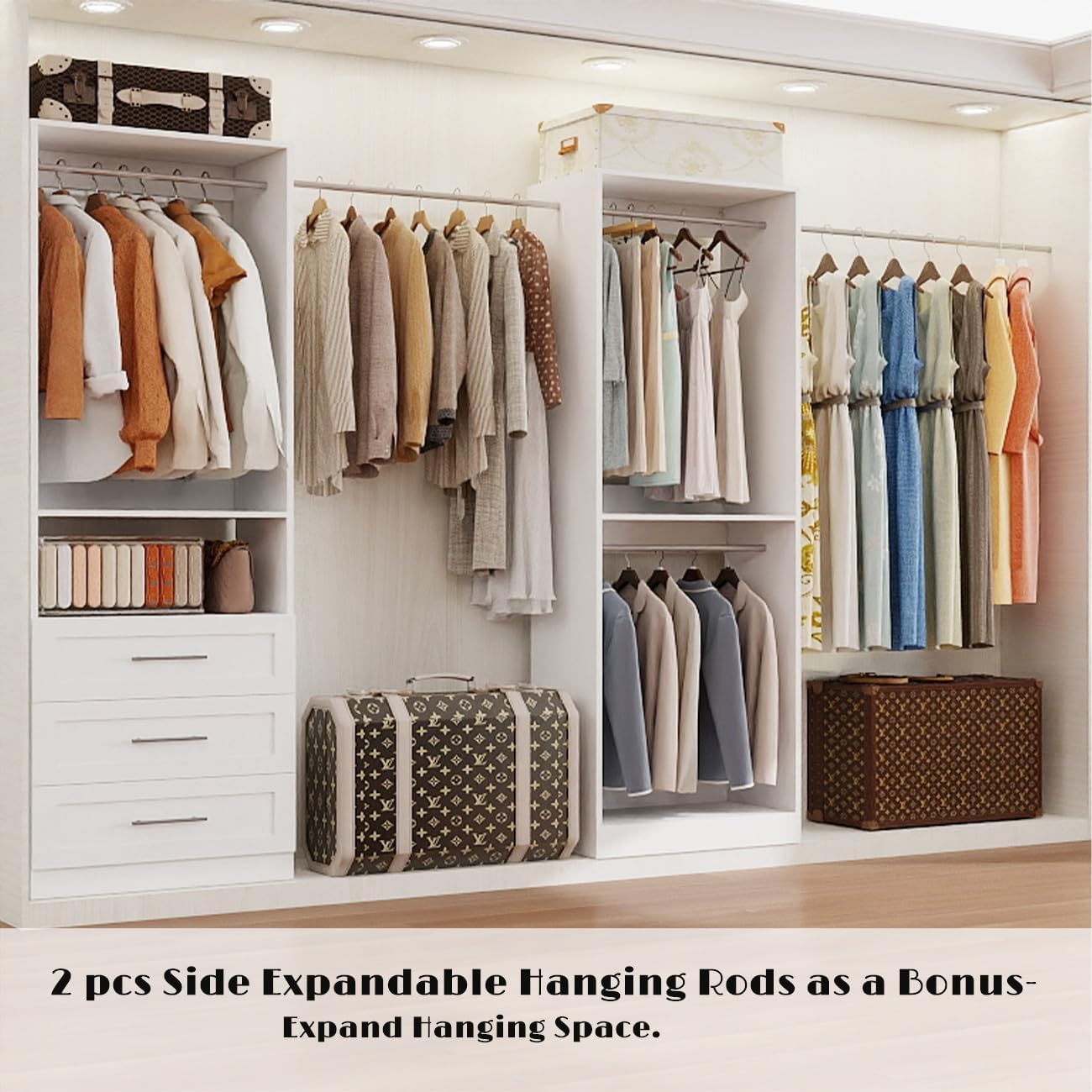 Closet System with 2 Sets, 4FT Closet Organizer Systems with 3 Wooden Drawers & 5 Hanging Rods, Walk in Closet Standalone Corner Closet System Modular Closet System Set White (4FT)