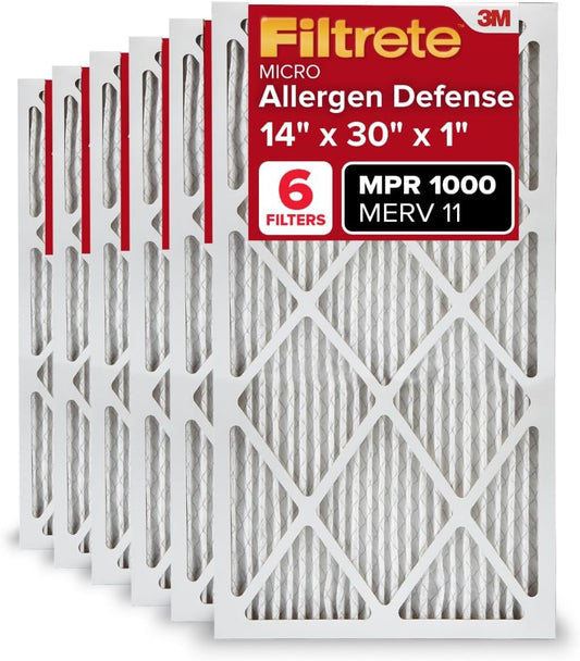 Filtrete 14x30x1 AC Furnace Air Filter, MERV 11, MPR 1000, Micro Allergen Defense, 3-Month Pleated 1-Inch Electrostatic Air Cleaning Filter, 6 Pack (Actual Size 13.81x29.81x0.81 in)