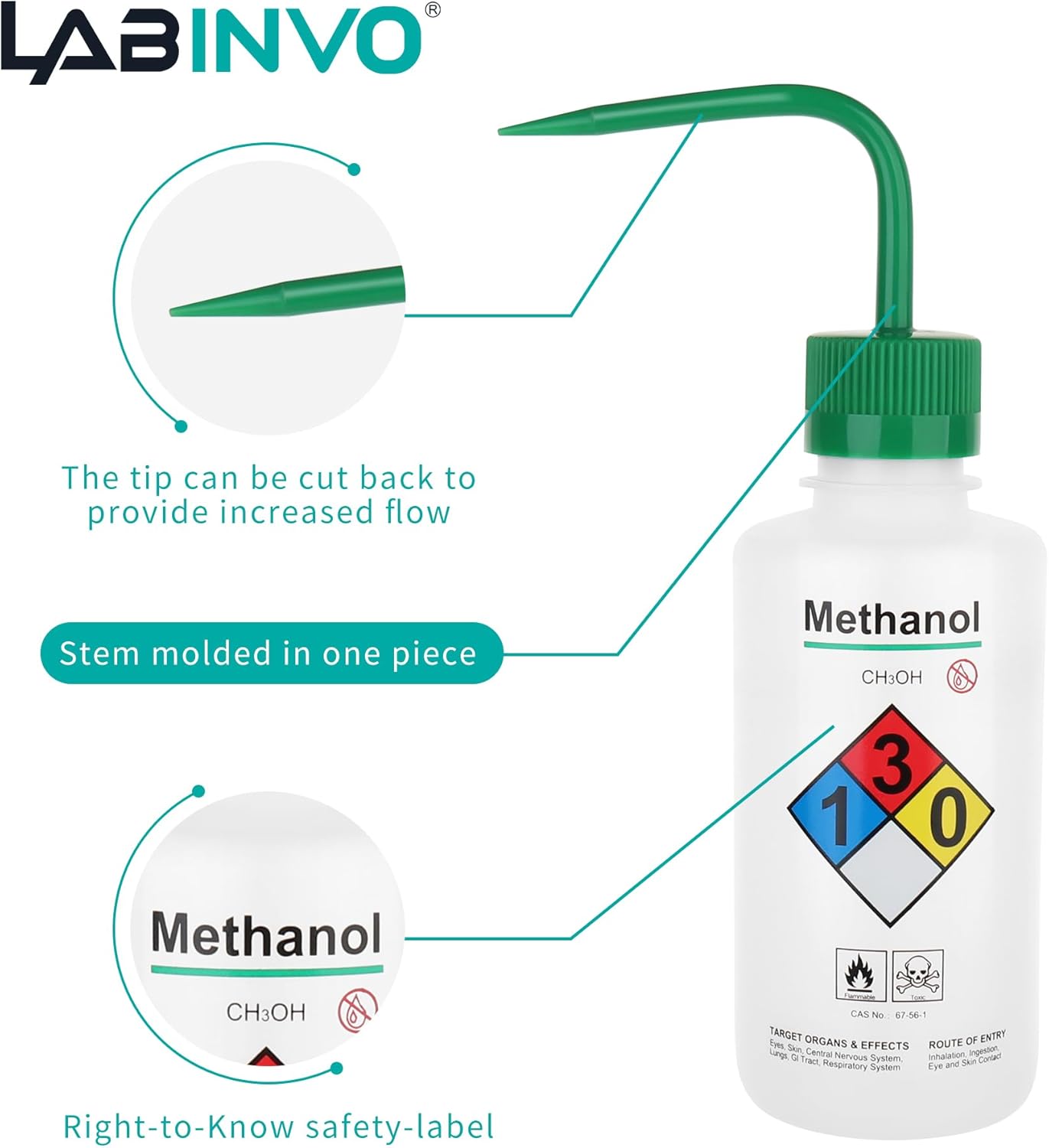 Safety Wash Bottles, Vol.500ml, 6PCS of Lab Rinse Squeeze Bottles, Printed Acetone, Ethyl Alcohol, Methanol, Isopropanol, Distilled Water, Sodium Hypochloride, LDPE Material, IN-WBS001