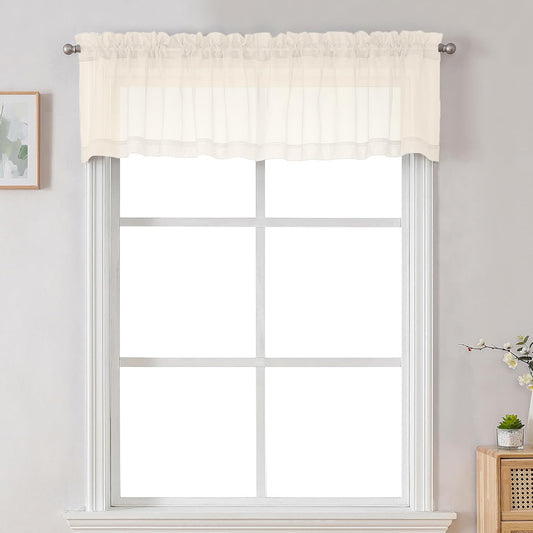 Chyhomenyc Sheer Cream Valances for Windows 2 Pack, Small Window Curtains for Living Room Bathroom Cafe Laundry Basement, Modern Top Dual Rod Pocket Voile Curtain, 42W x 18L inches, Cream